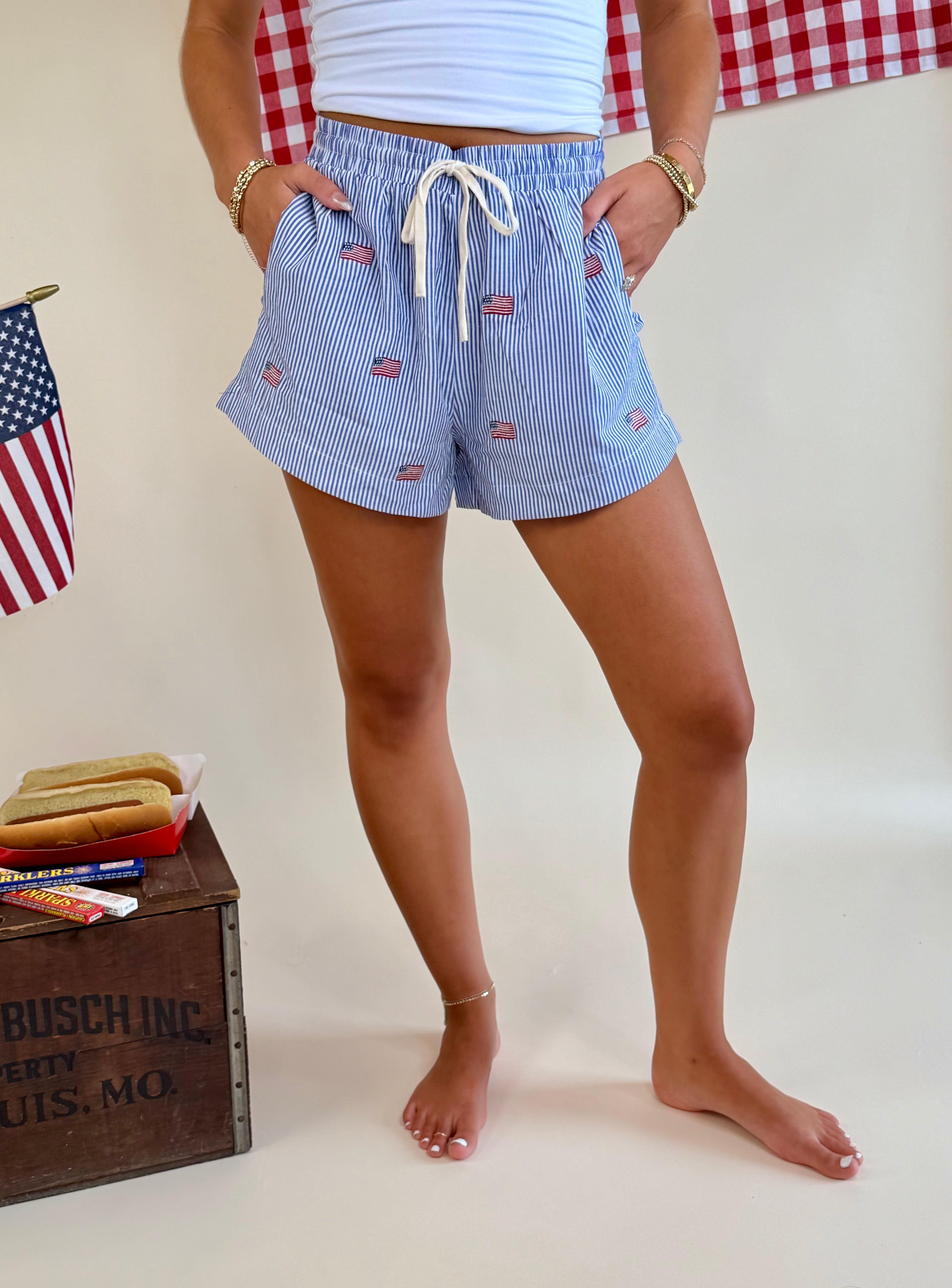 American Flag, USA, Embroidery, Shorts, 4th of July, Elastic, Pinstripe