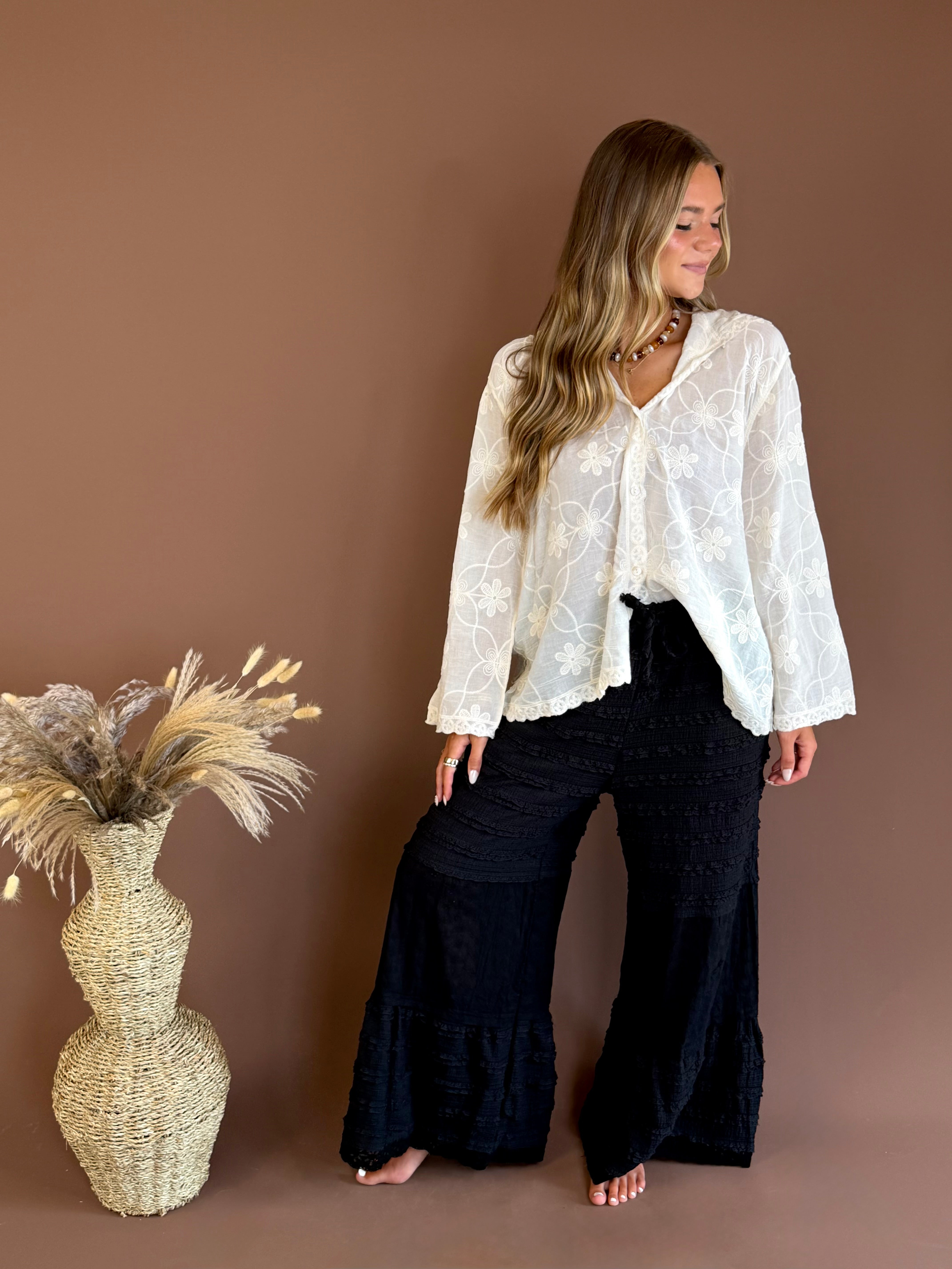 Wide leg pants, black pants, work pants, beachy pants, black ruffle pants, drawstring pants, mermaid pants