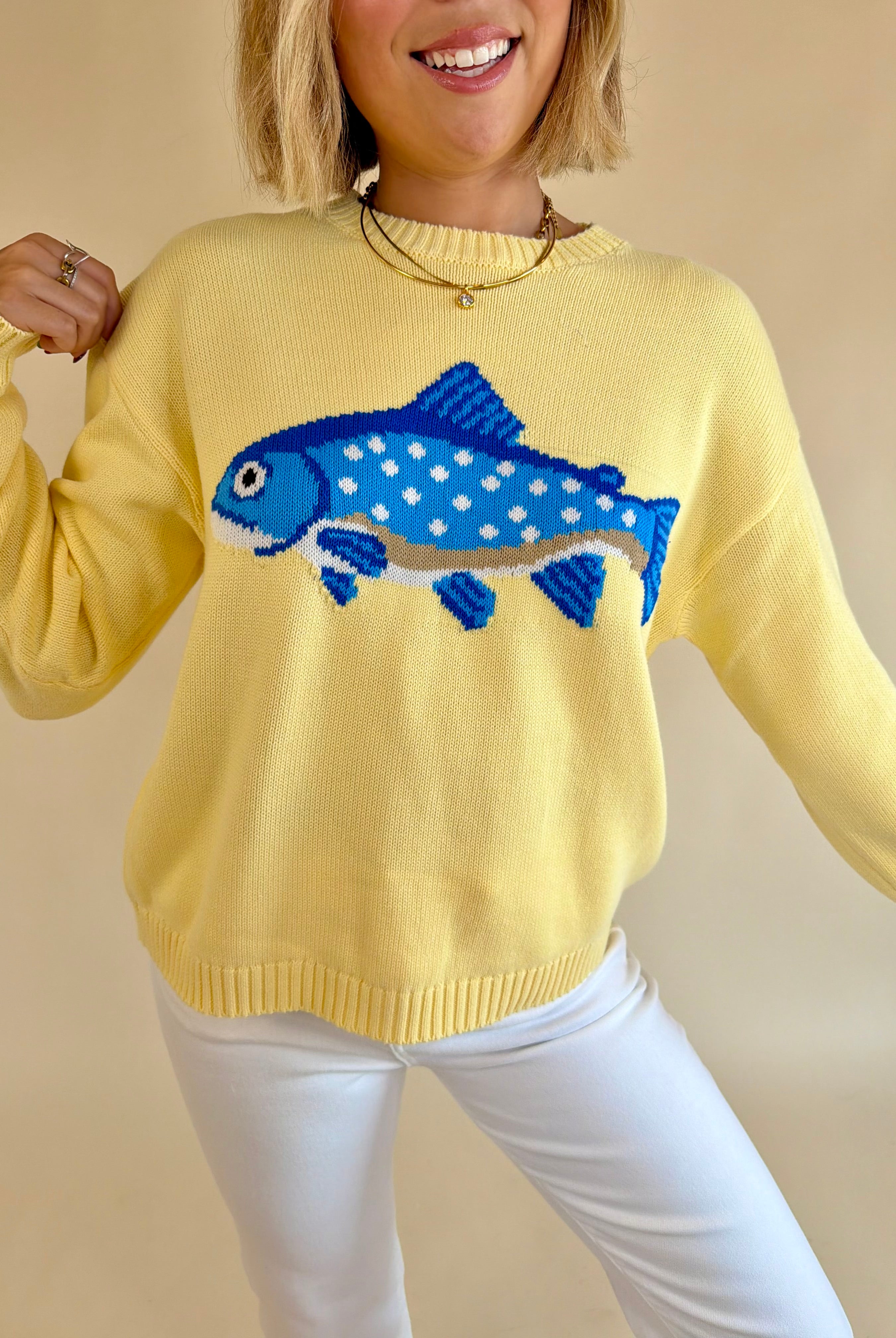 Yellow sweater, Cute sweater inspo, Fish sweater, cotton sweater, Soft yellow, outfit inpo, cute outfit, summer outfit inspo, butter yellow, butter yellow clothe