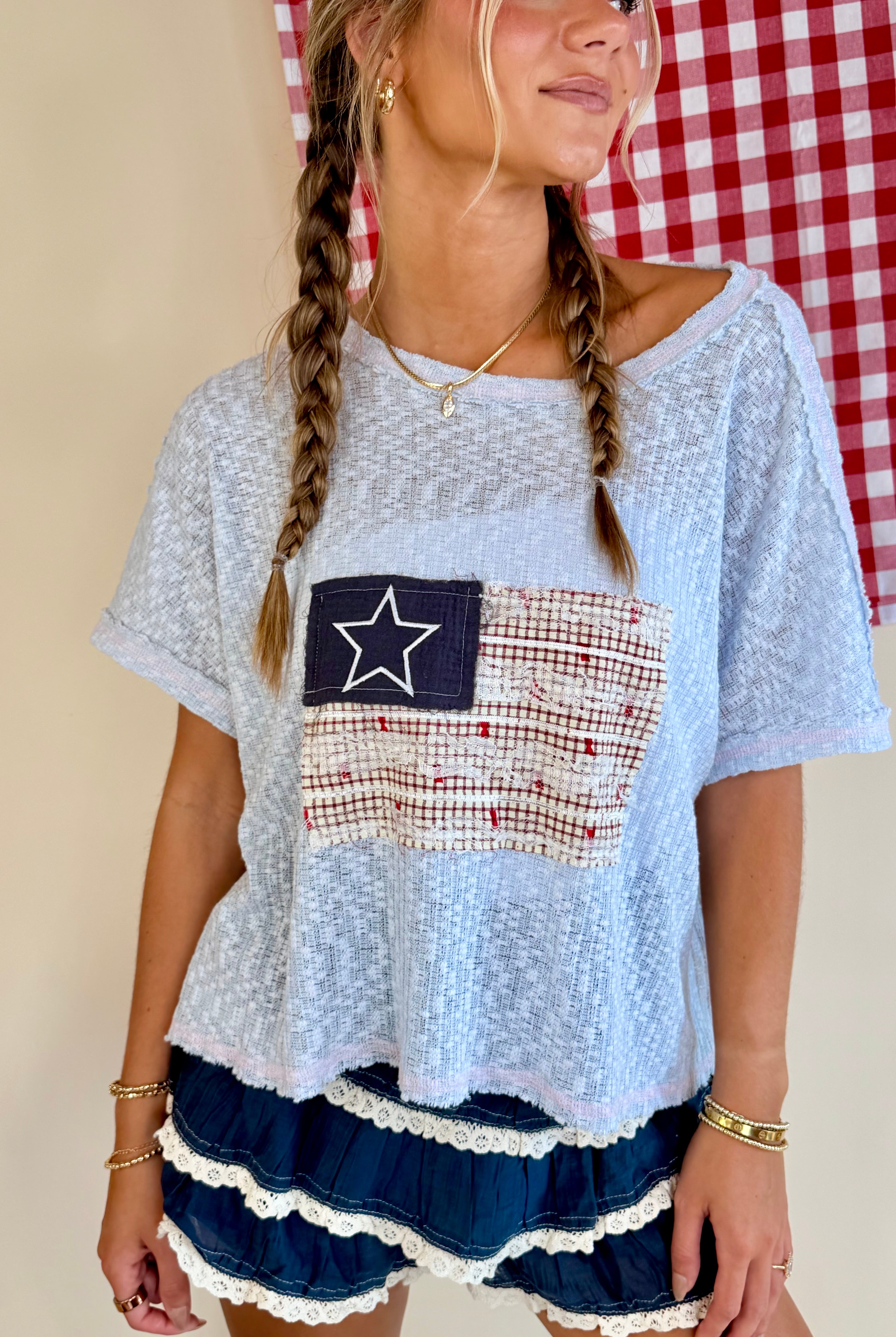 American Flag, Vintage, USA, 4th of July, POL, Open Back, Embroidery, Coquette, Baby Blue
