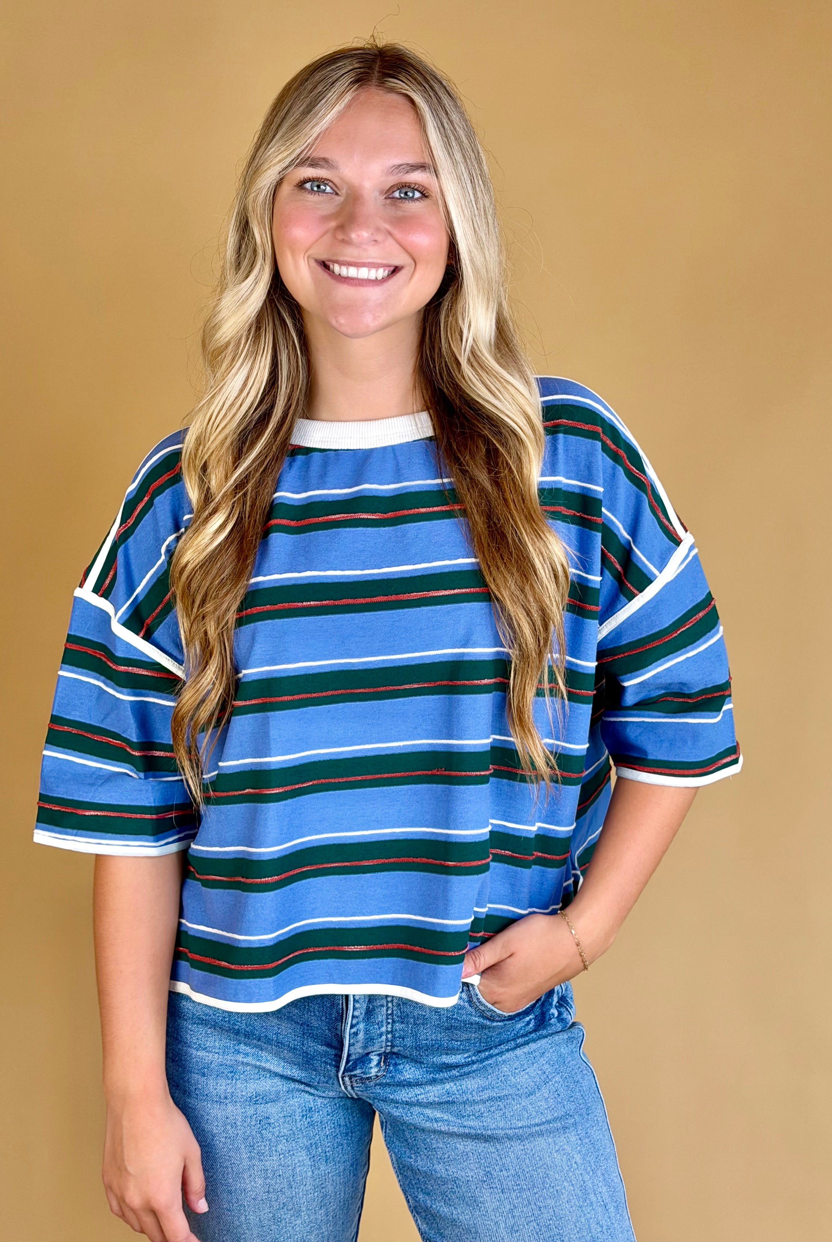 Box Tee, cropped tees, striped tees, back to school, transitional wear, everyday wear, white collar and trim