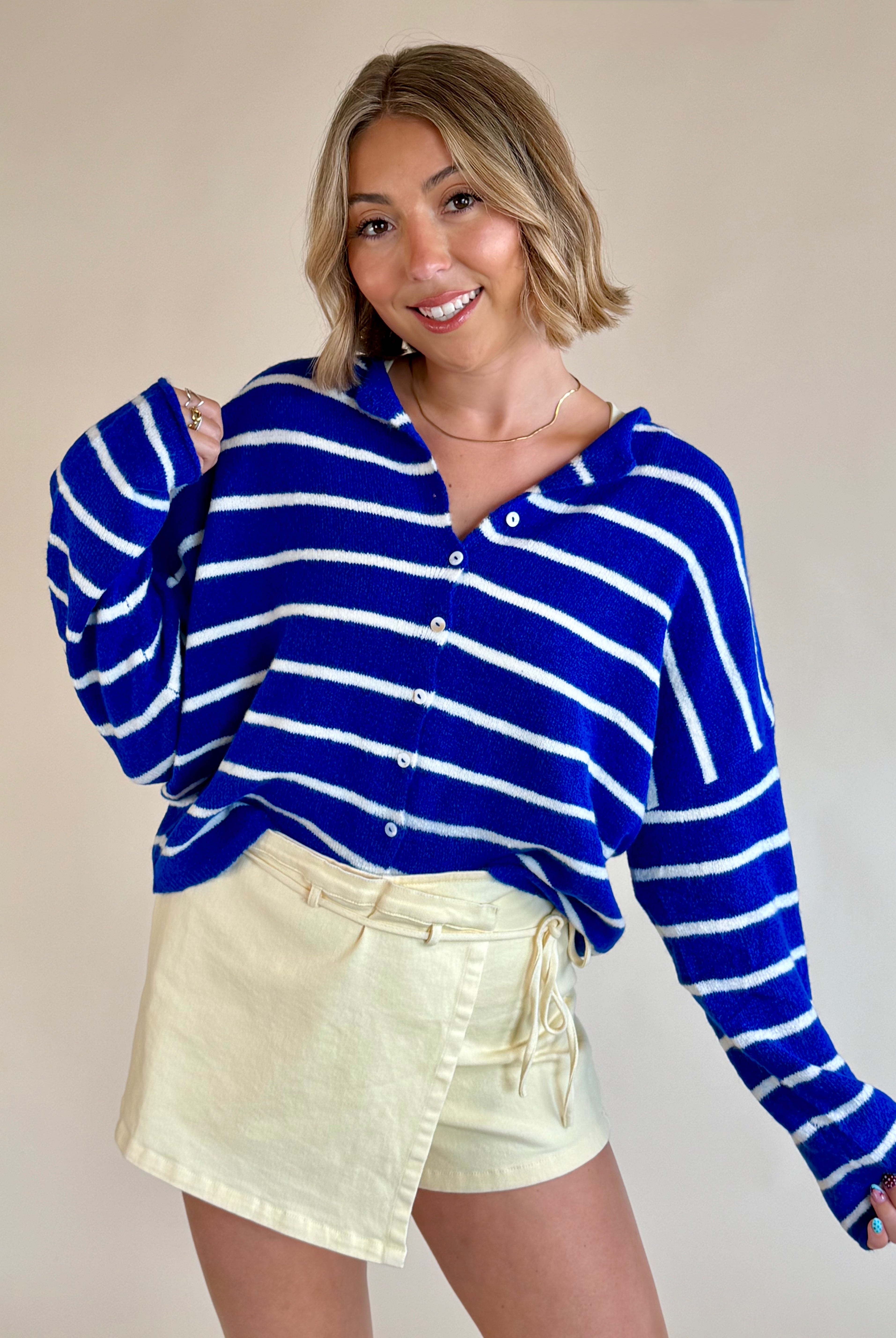 Royal blue and white, henley sweater, button down sweater, blue and white stripe, sweater staple, everyday wear