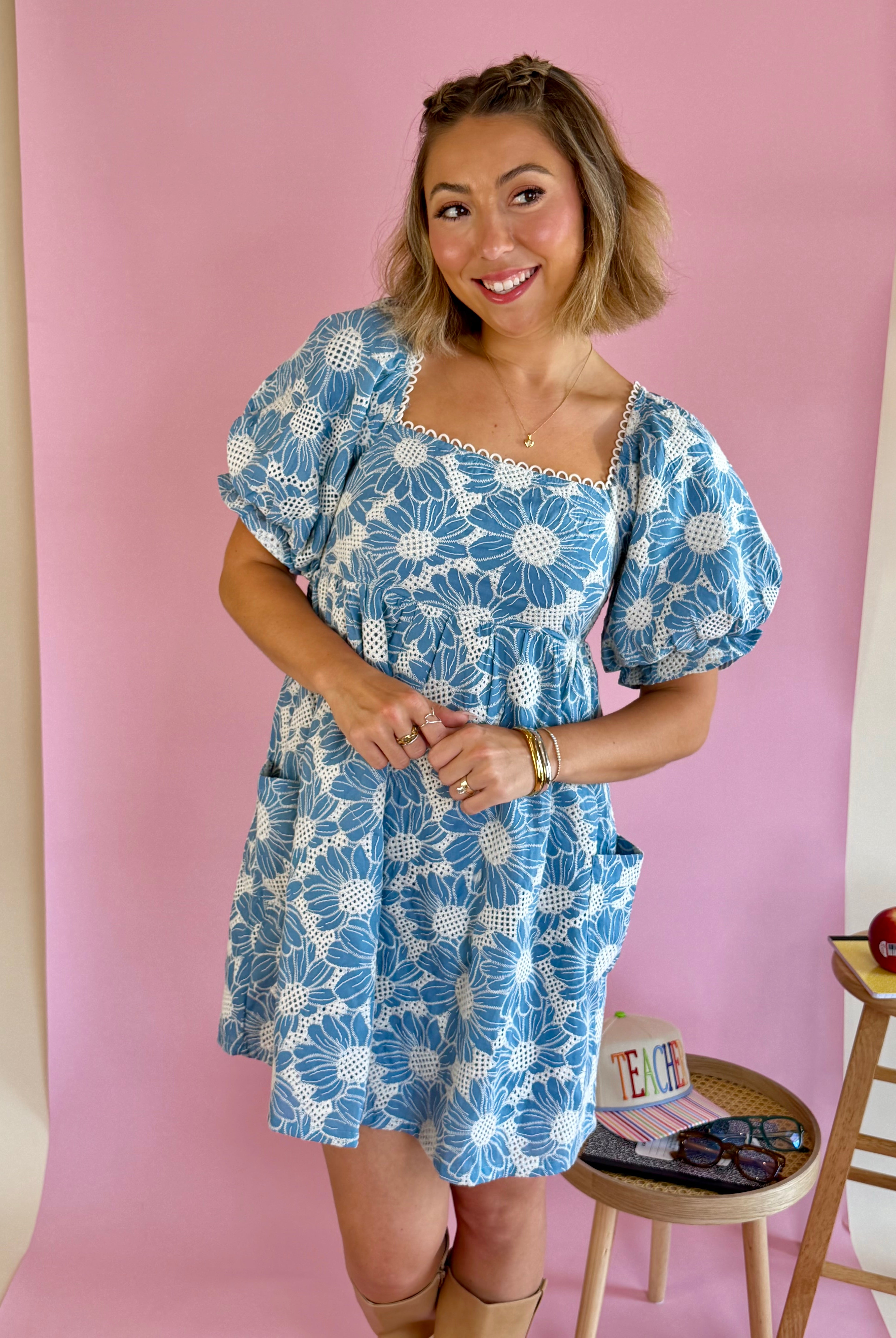 Blue flower detail dress, mini dress, teacher friendly dress, Back to school, Trendy Dress, Church Friendly Dress, Flower dresses