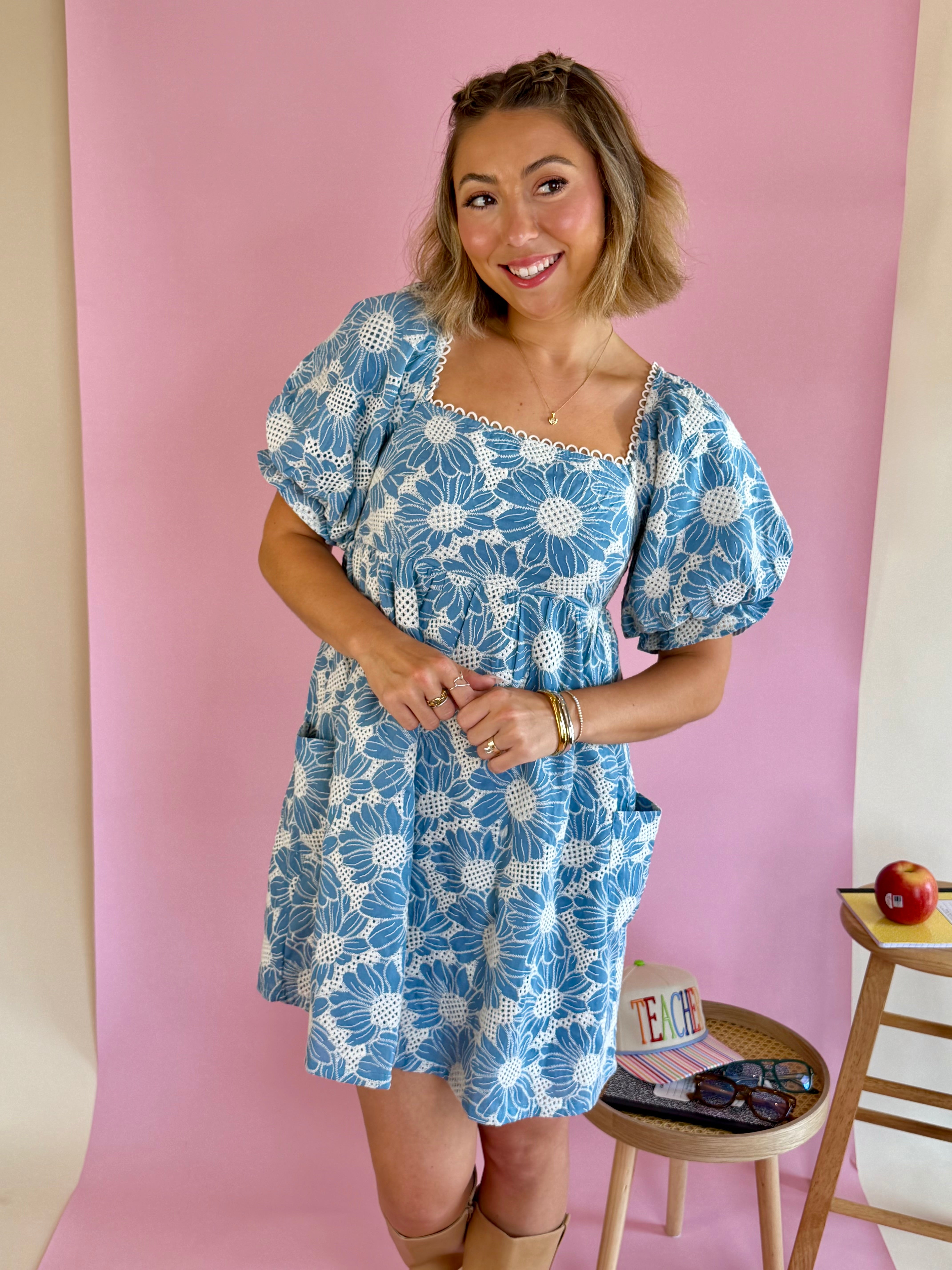 Blue flower detail dress, mini dress, teacher friendly dress, Back to school, Trendy Dress, Church Friendly Dress, Flower dresses