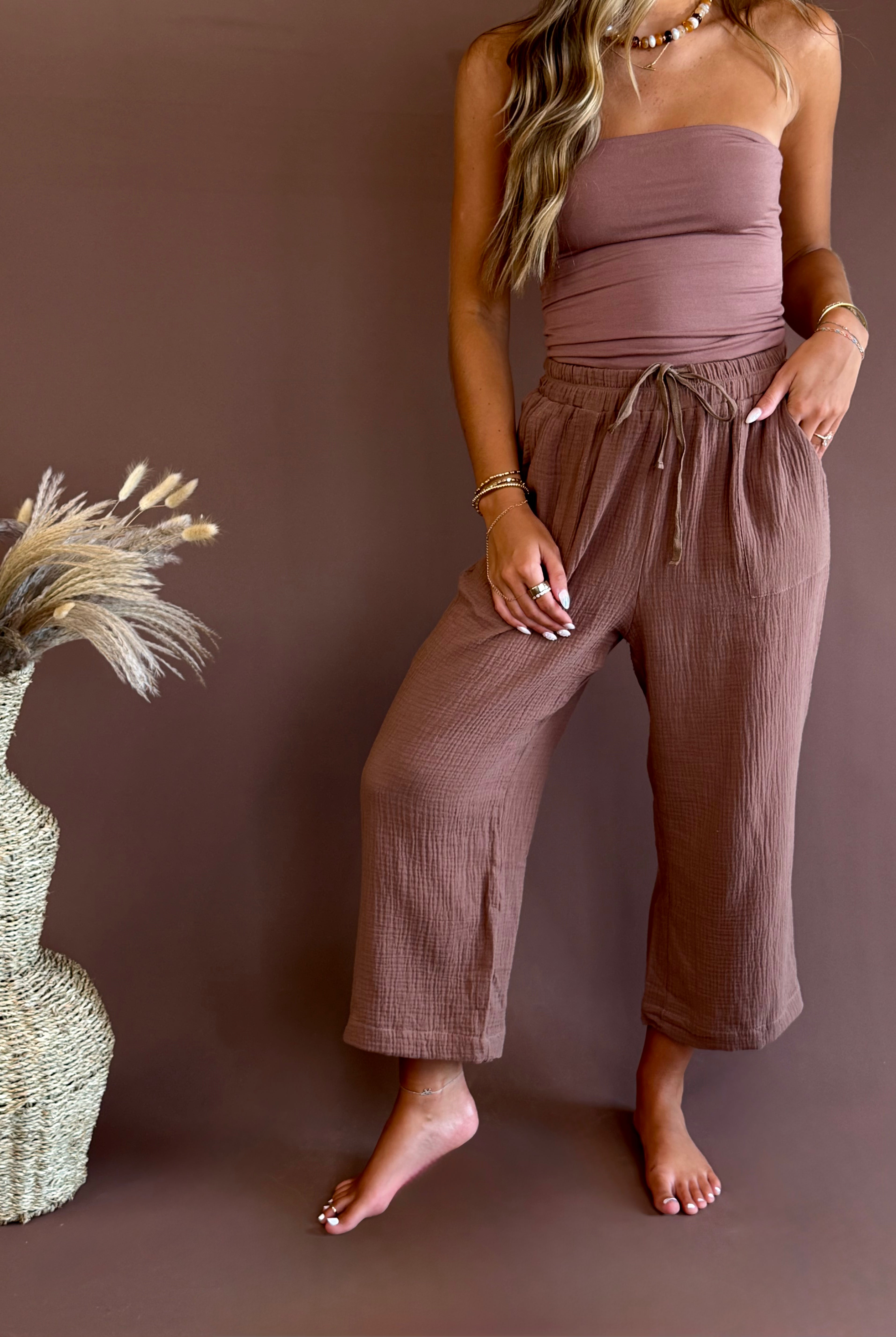 Brown gauze pant, lounge wear, gauze pant, brown pant, drawstring pant, cropped pant