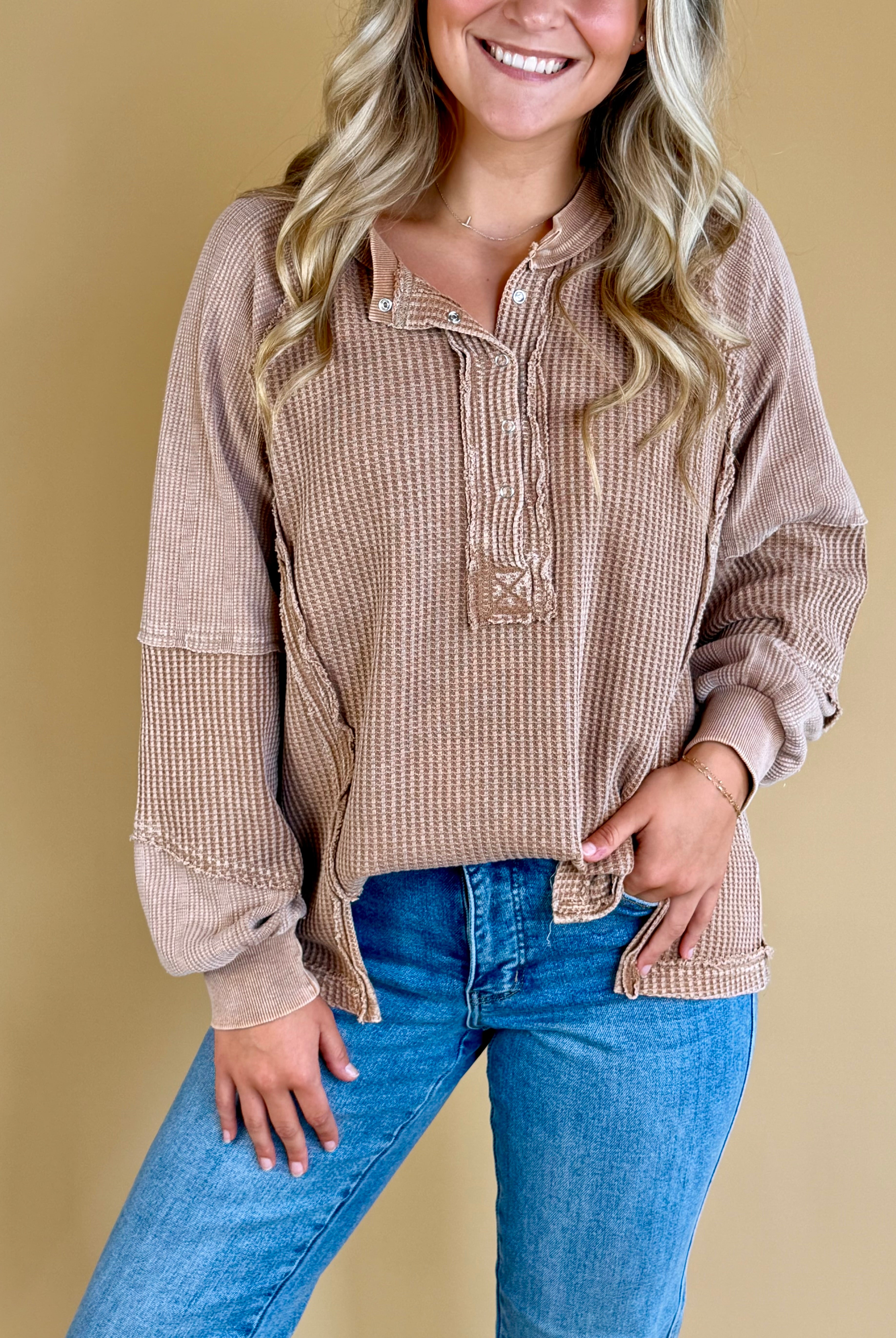 Waffle knit, Quarter Snap, fall wear, pullovers, brown tops, casual wear, loungewear, brown waffle knit, transitional wear