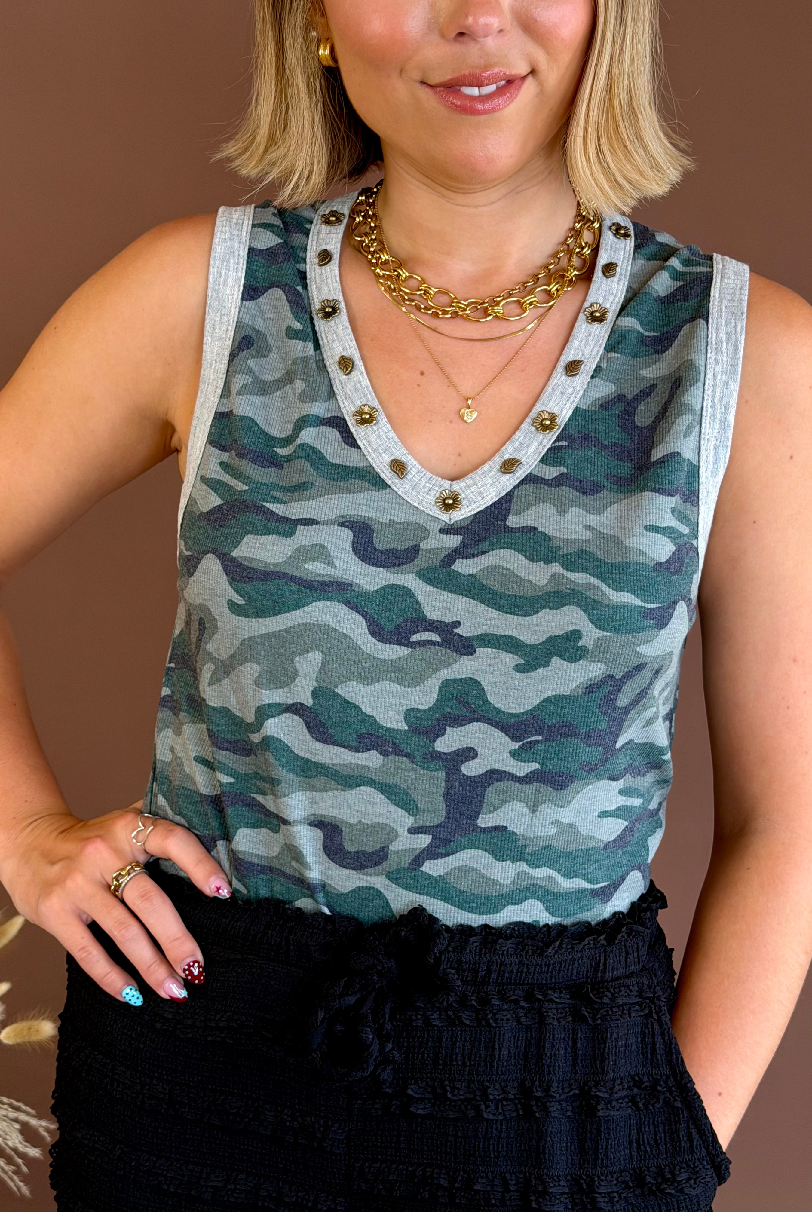 Camo tank, POL tank, tank top, v neck tank top, camo print v neck, gold charm tank top