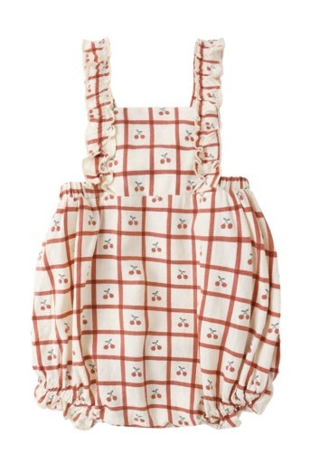 Baby romper with plaid and cherry pattern on a white background, red and cream, cherry pie cutie, ruffle straps, scrunch short, cherries