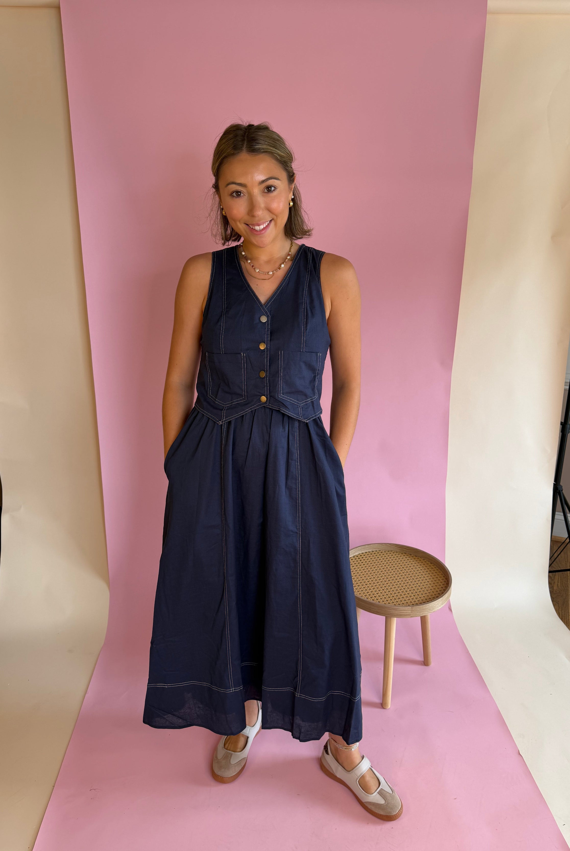 Trendy Maxi Dress, Vest Dress, Maxi Dress, Teacher Friendly, Back to School, Navy Blue Dresses, Gold Button Detail