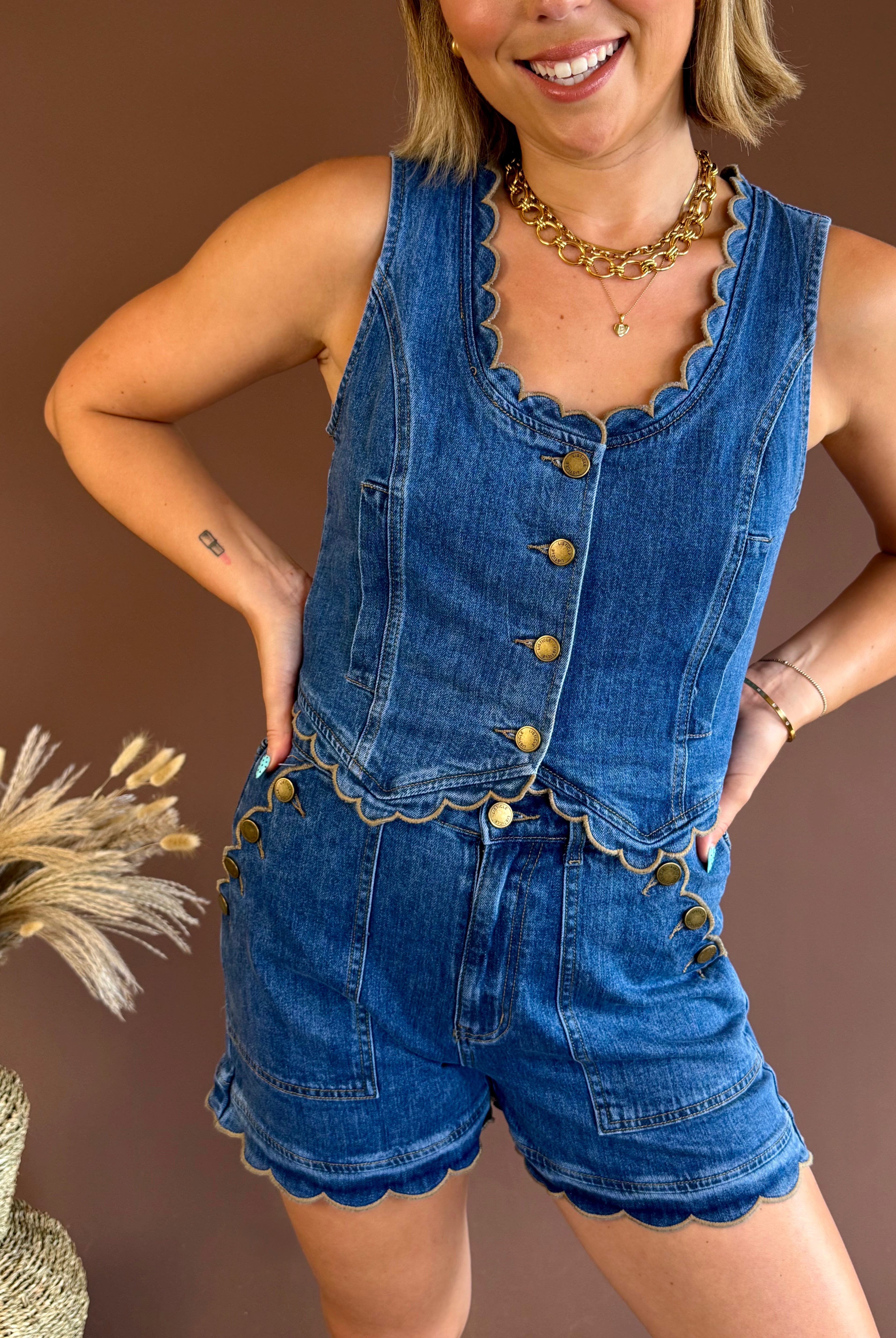 Denim vest, jean vest, twill edge vest, scallop hem vest, button up denim vest, denim set, jean set