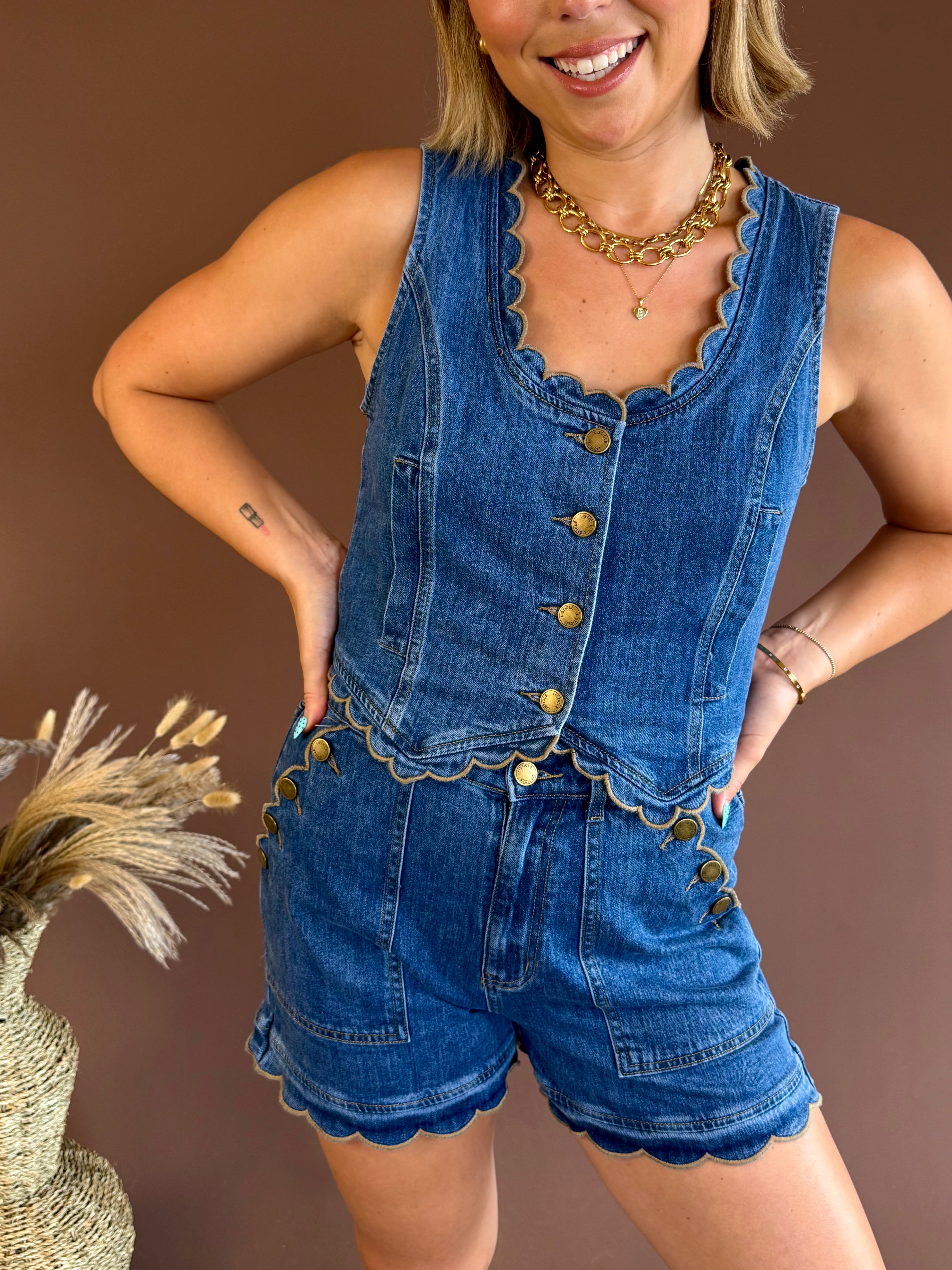 Denim vest, jean vest, twill edge vest, scallop hem vest, button up denim vest, denim set, jean set
