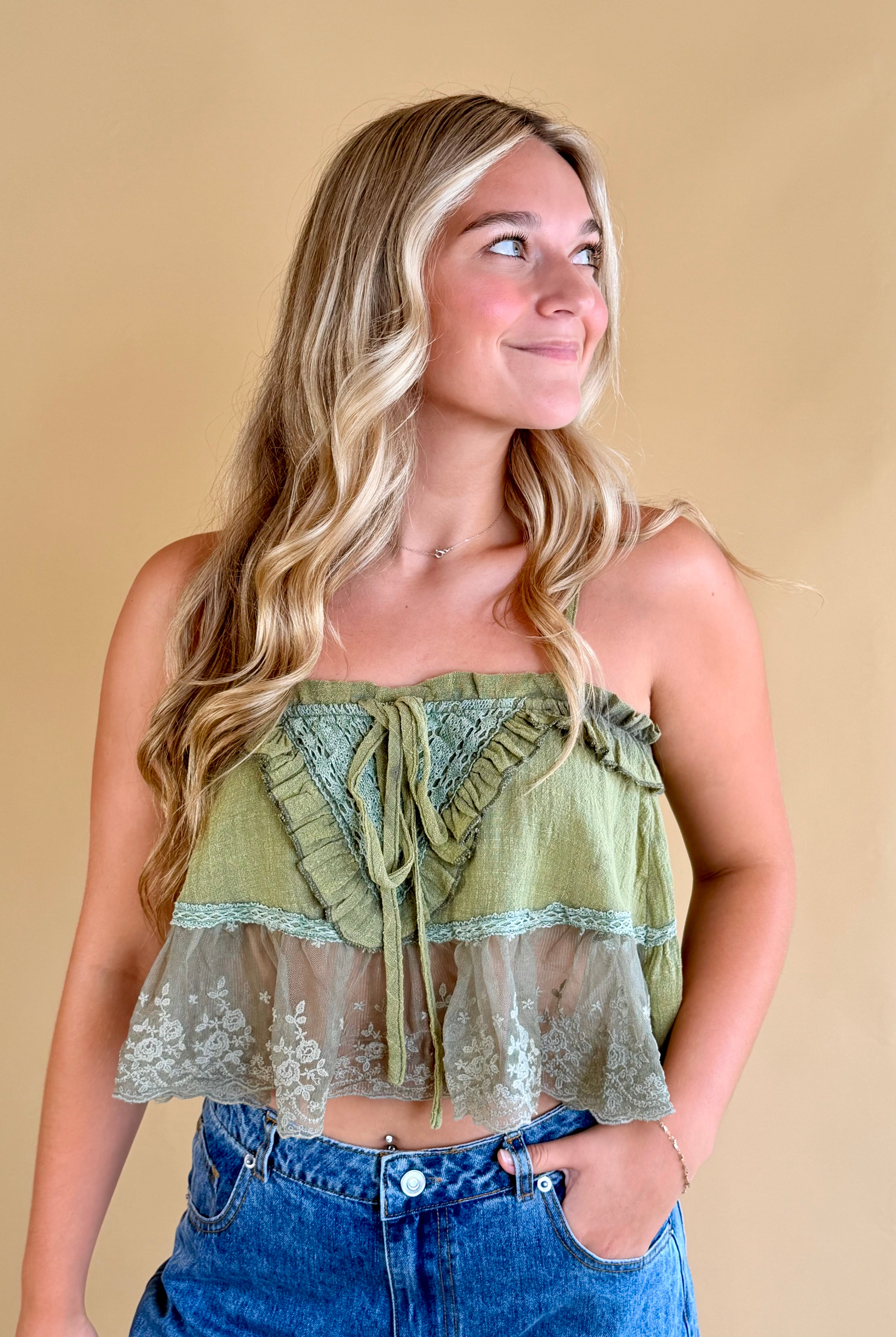 Green tank top, fall fashion, lace detail, back to school, junior fashion, transitional piece, moss green