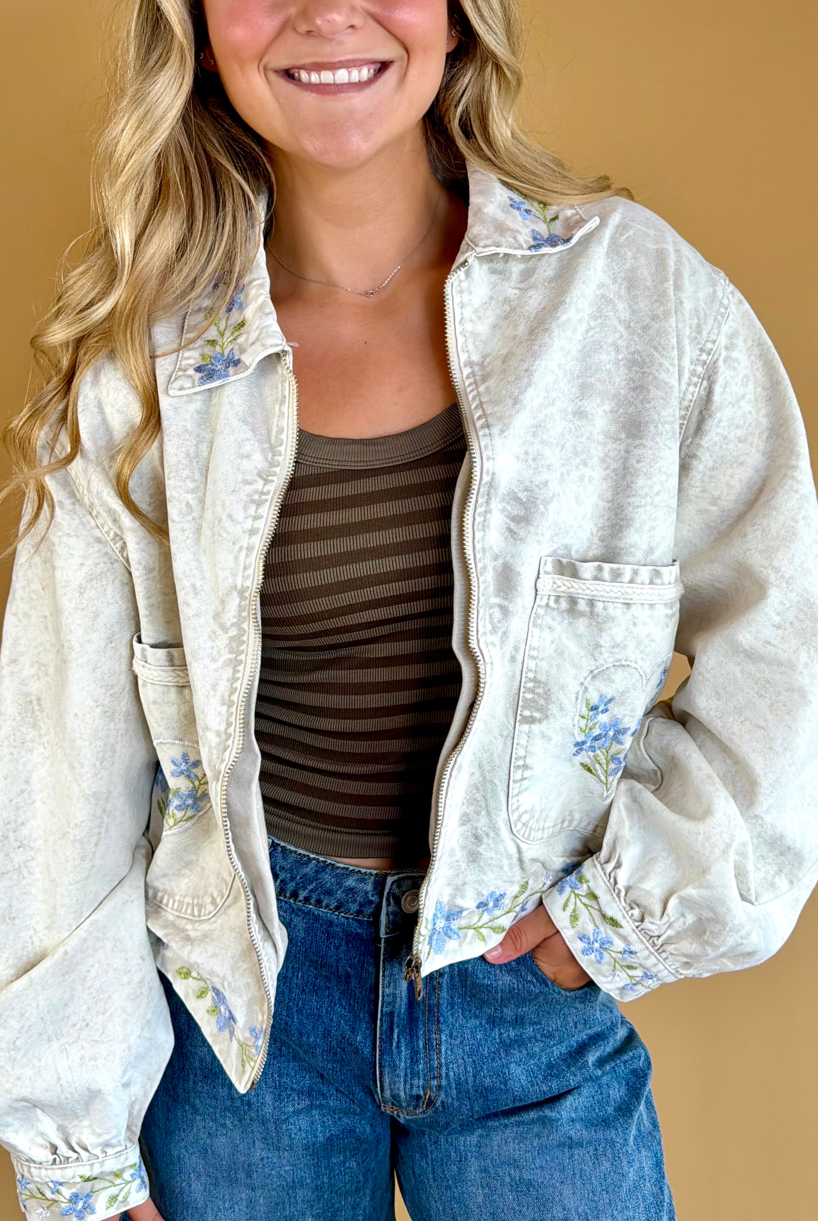Jackets, fall fashion, layering pieces, transitional wear, light jackets, blue floral trim