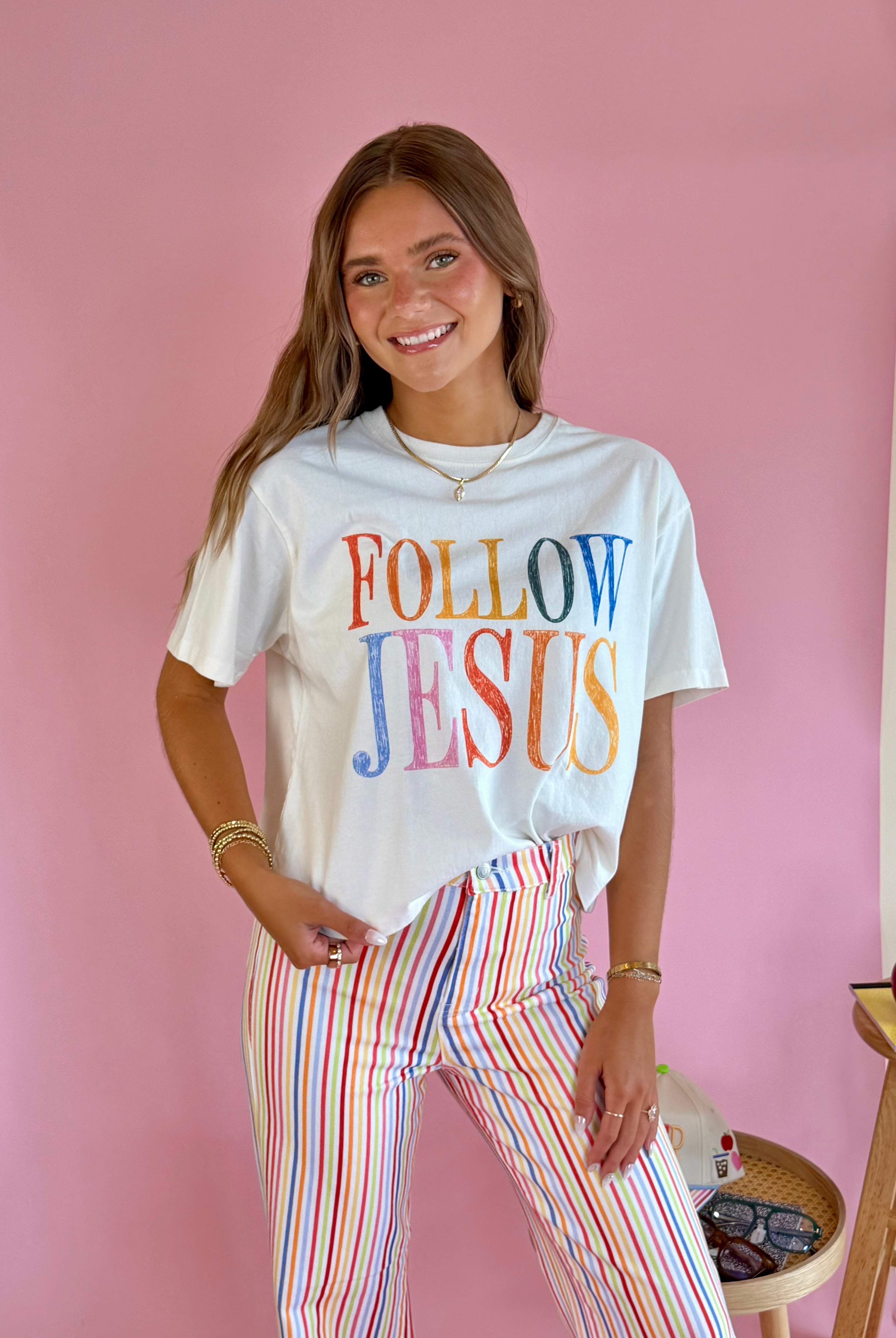 Follow Jesus Tee, Rainbow Tee, White Tee, Trendy Graphic Tees, Relaxed Fit Tees, Christian Tees