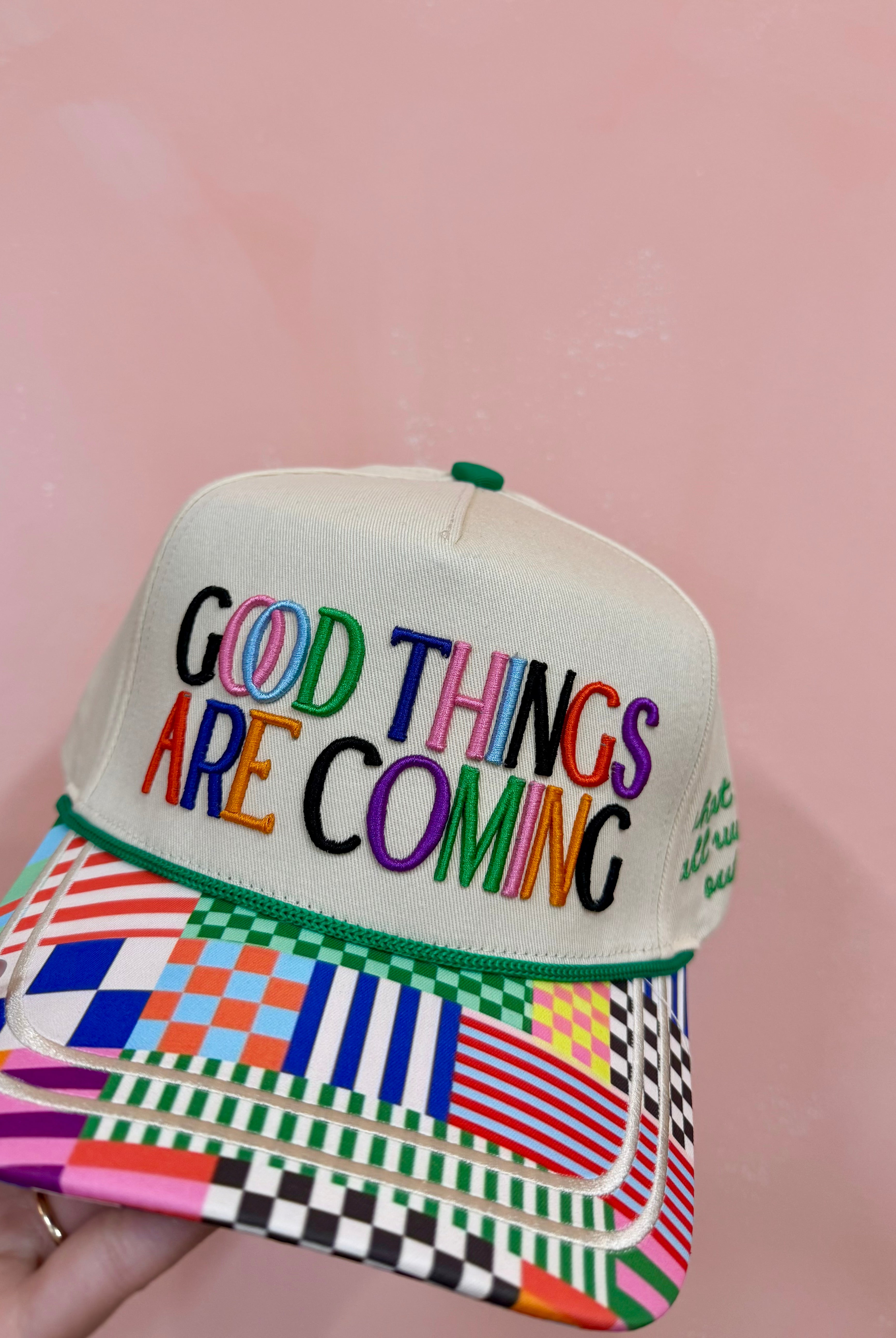 GOOD THINGS ARE COMING HAT, TRUCKER HAT, COLORFUL HAT, POPPY & PINE, SUMMER HAT