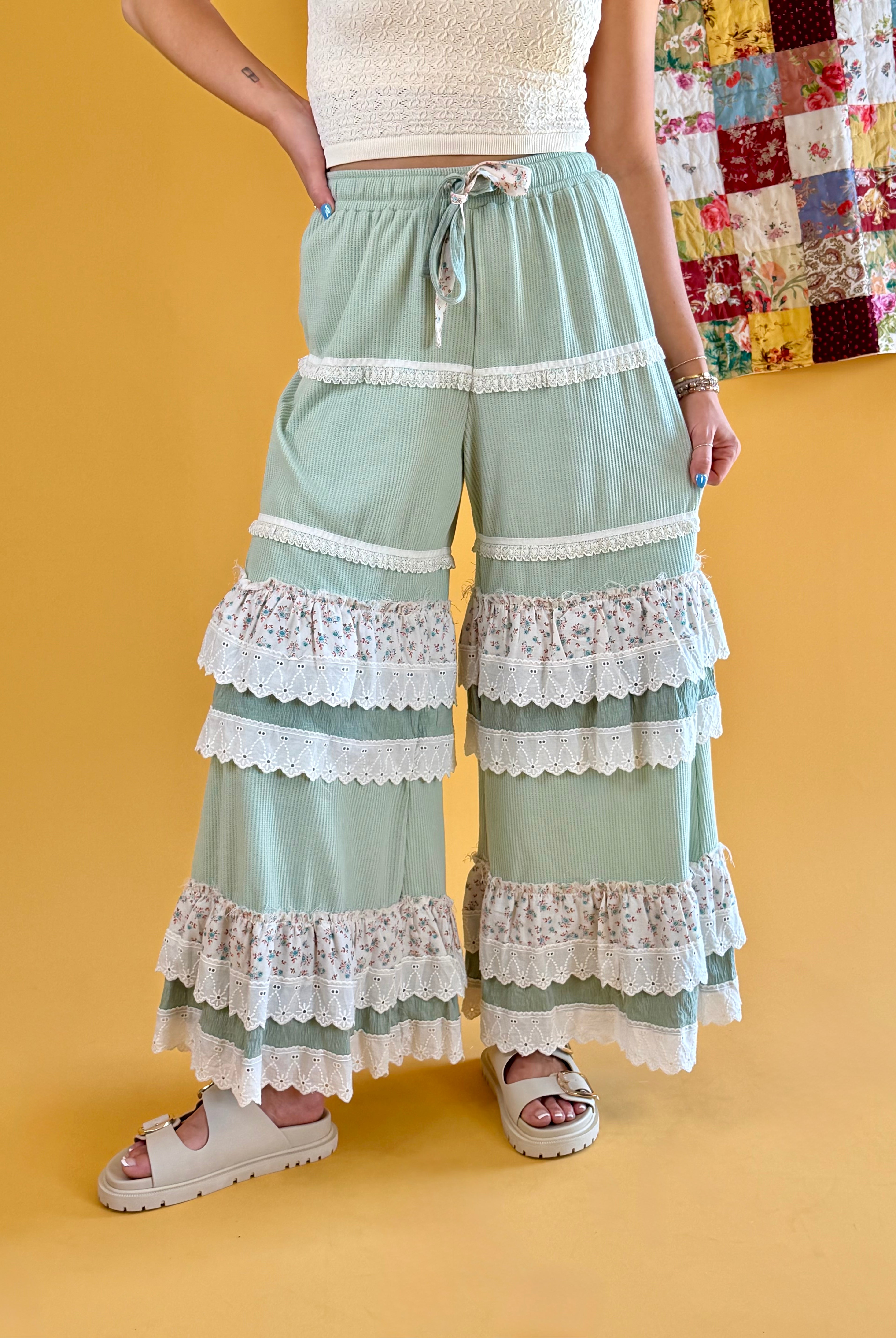 Green Pants, Wide Leg Summer Pants, Floral Wide Leg Pants, Comfy Summer Pants, Tall Girl Friendly Pants