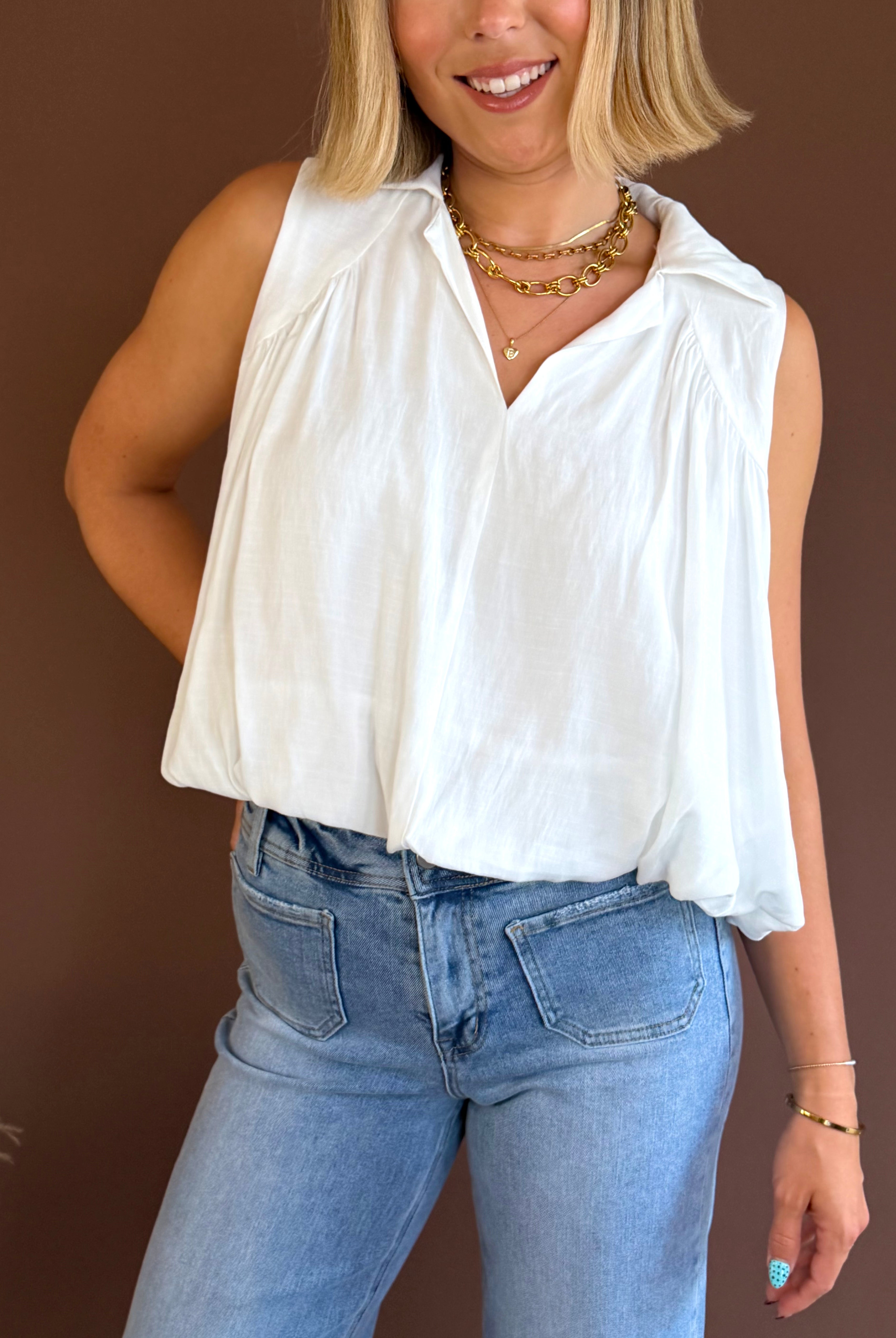 White top, collared shirts, v neck blouse, white blouse, white, v neck top, bubble hem tops