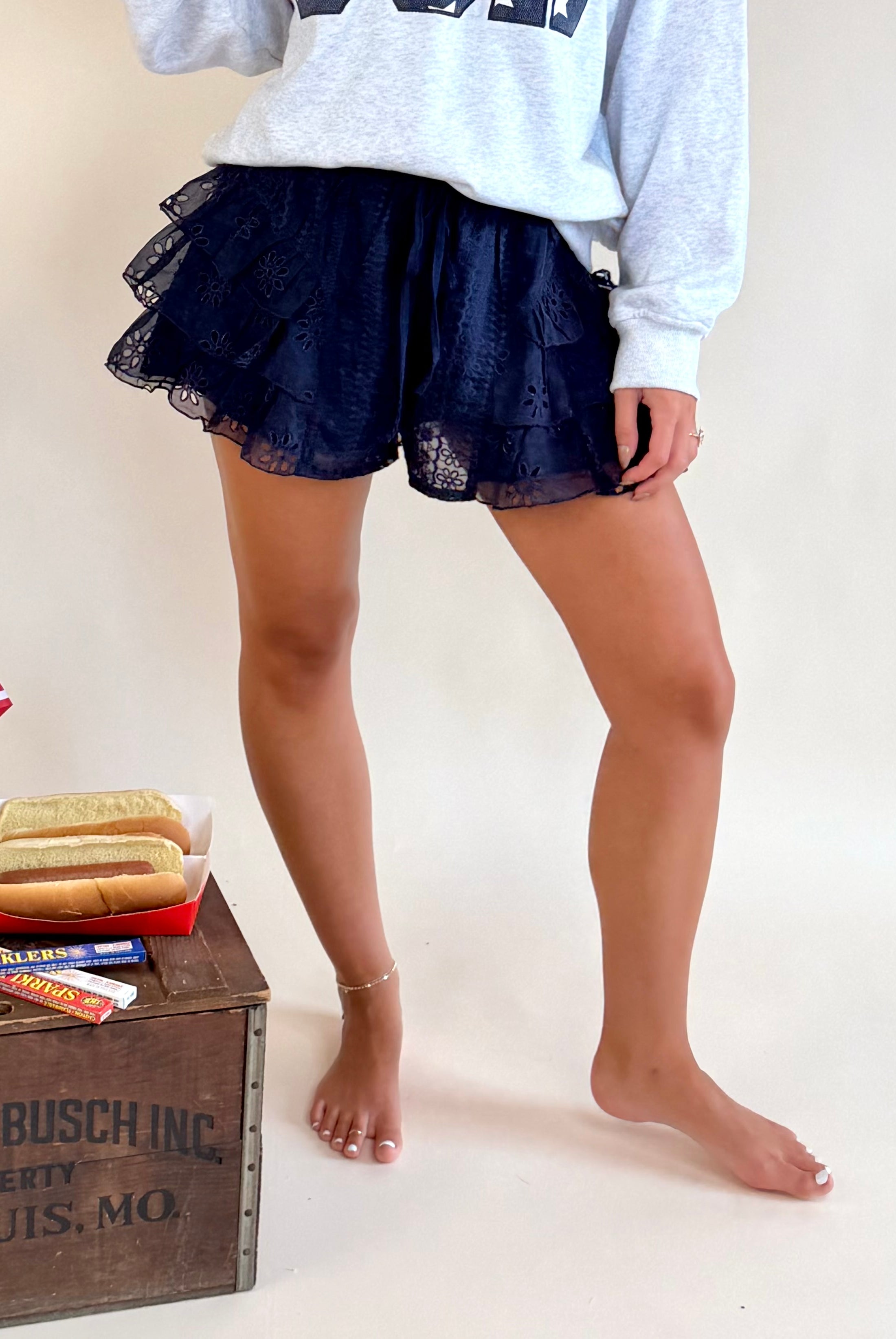 Eyelet, Lace, Ruffle. Tiered, Shorts, Concert, USA