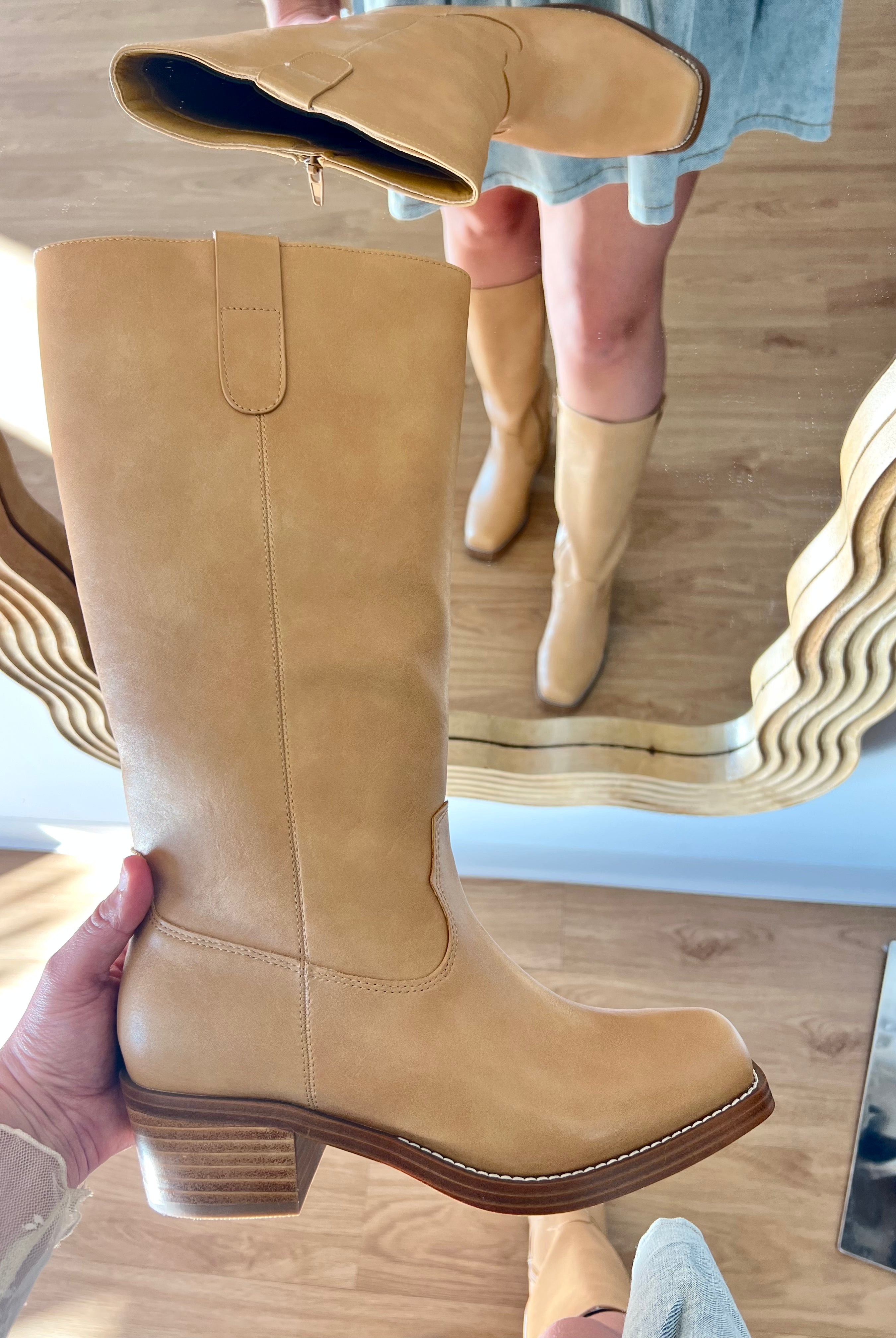 Frye Boot Dupe, Tan boots, calf height boot, elevated shoes, shoe fashion