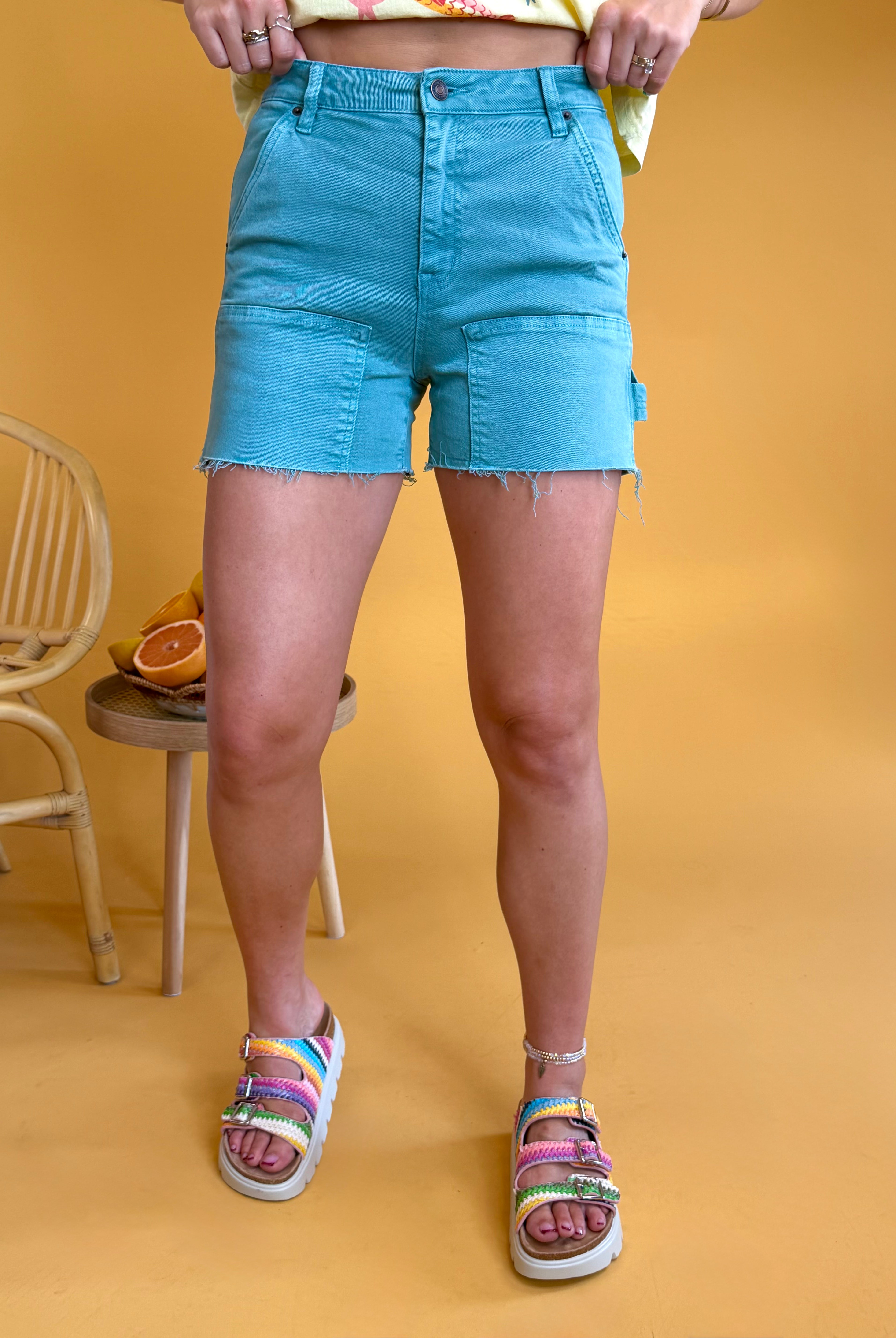 carpenter shorts, MICA Denim, teal shorts, summer shorts, summer, vacation, vacay outfit, cute, raw hem, denim shorts, high rise