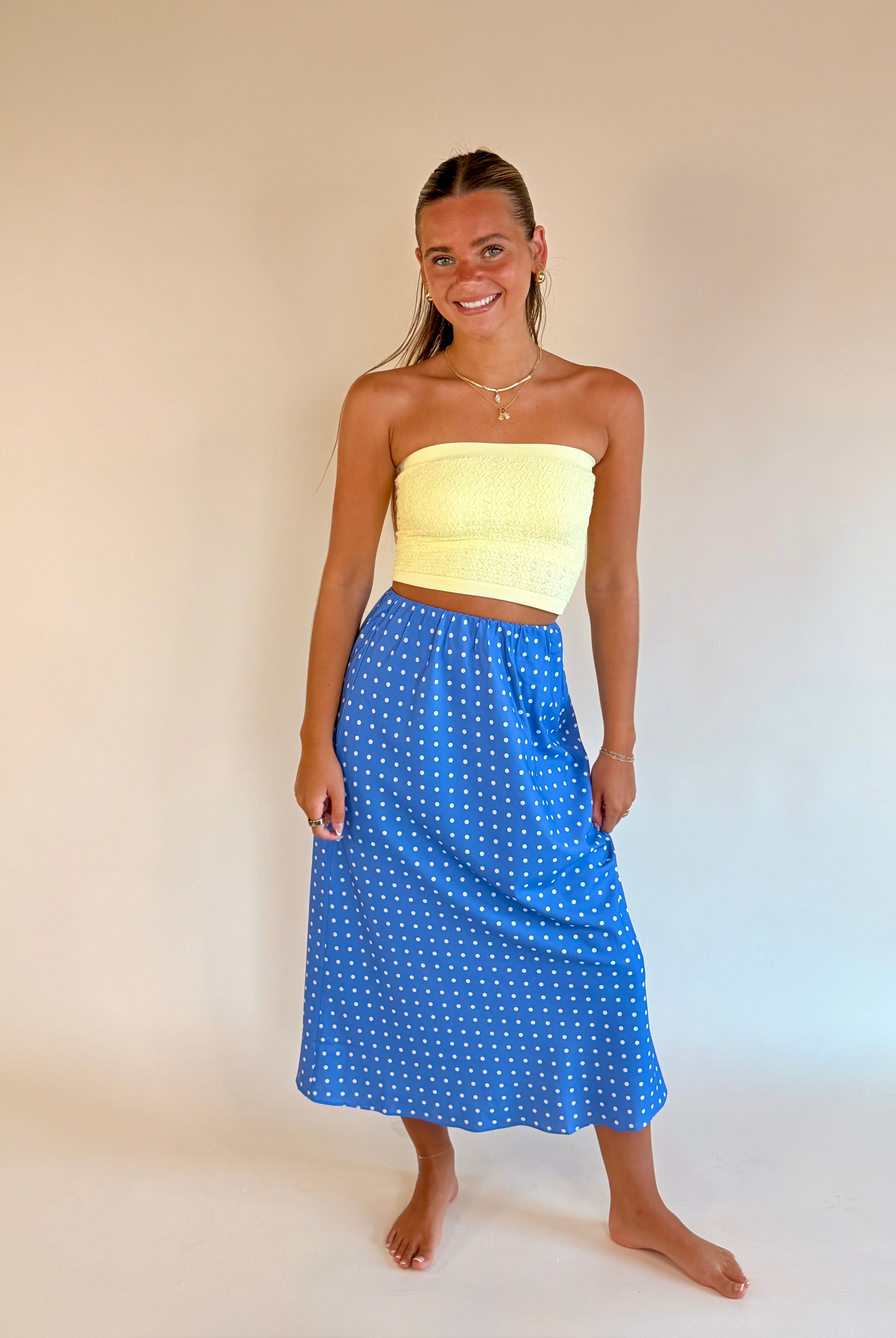 Polka Dot Skirt, Polka Dots, Blue Skirt, Skirt outfit inspo, cute skirt, Midi Skirt, Blue Midi Skirt, Outfit with a skirt, skirt outfit, summer outfit, summer fit, summer fit inspo, Skirt,