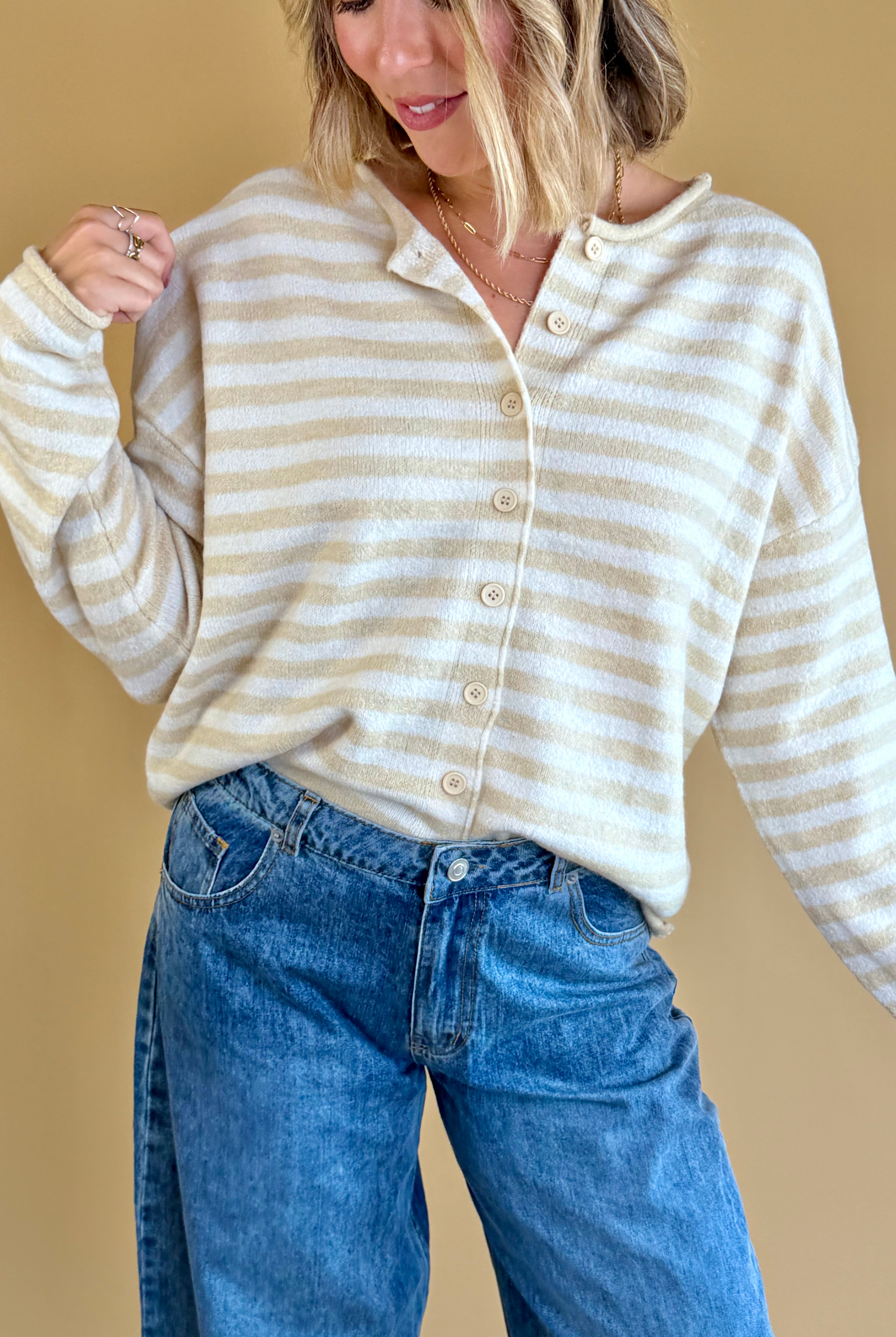 Striped Sweater, Fall basics, Rolled Hem Sweater, Cardigans, Sweaters, Buttoned Sweaters, Neutral Color Tops