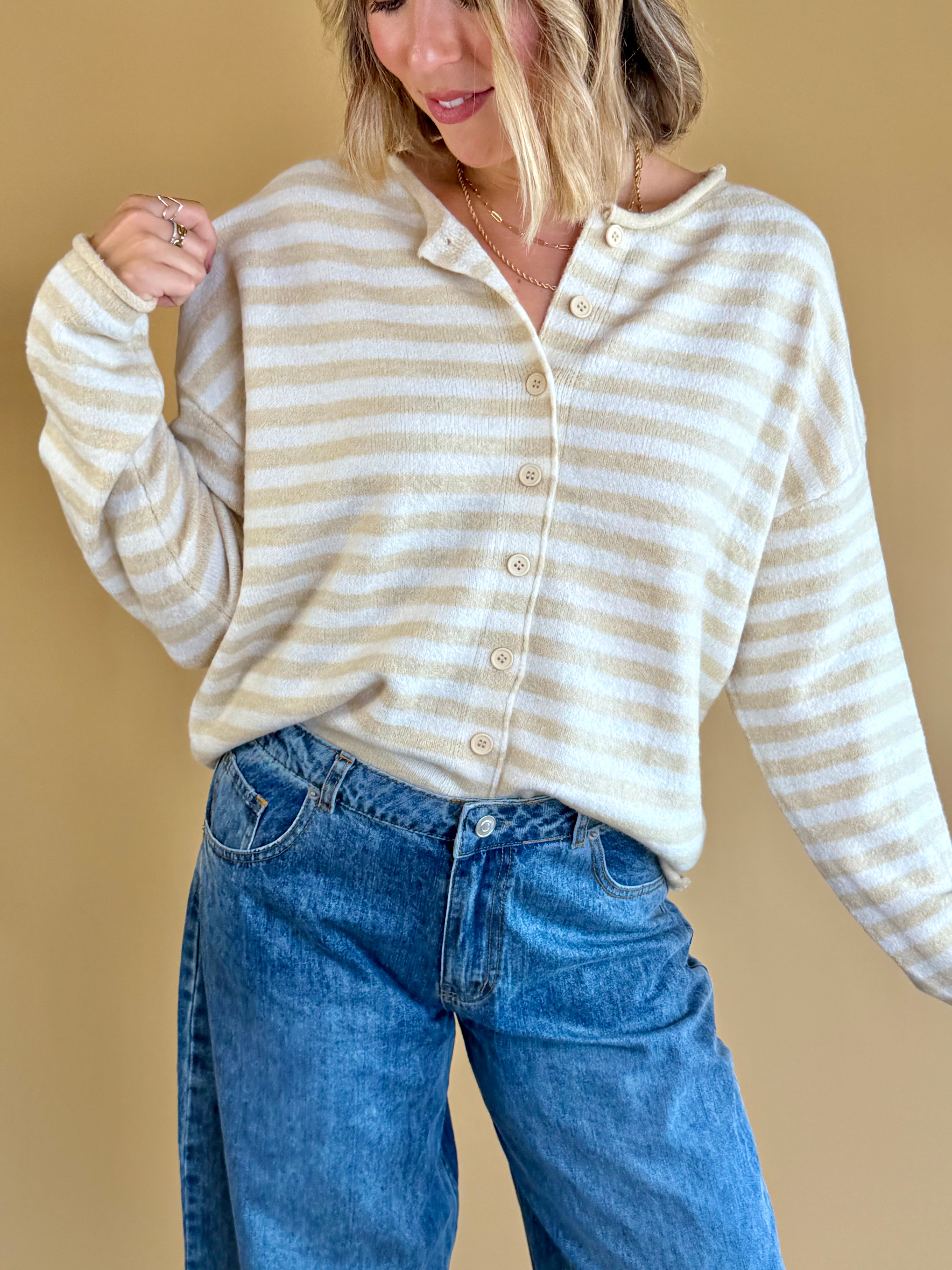 Striped Sweater, Fall basics, Rolled Hem Sweater, Cardigans, Sweaters, Buttoned Sweaters, Neutral Color Tops