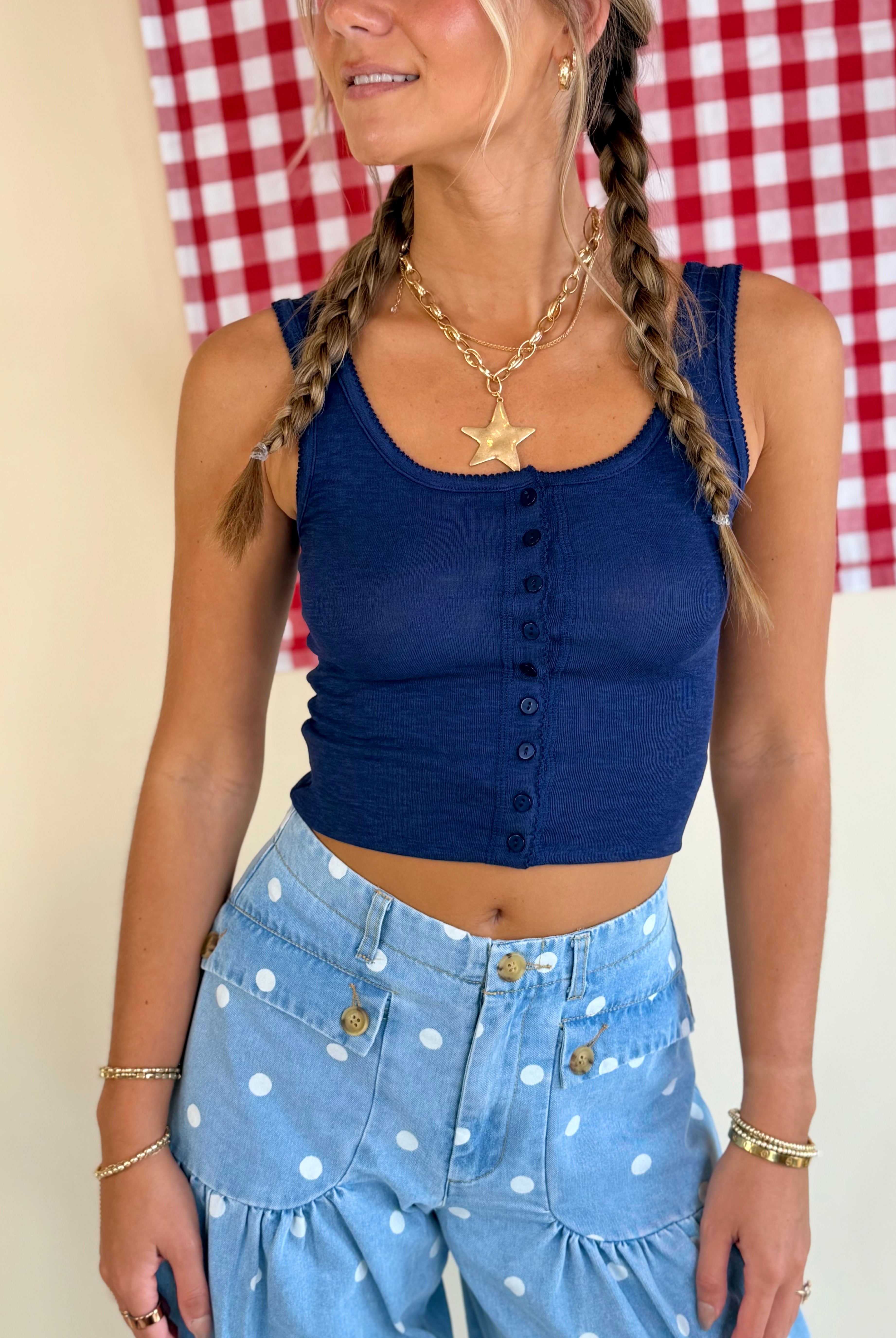 Henley Tank, Navy Blue, Button Detail, Full Length, Tank Top, Square Neckline, Scalloped Edge, Basic Tank
