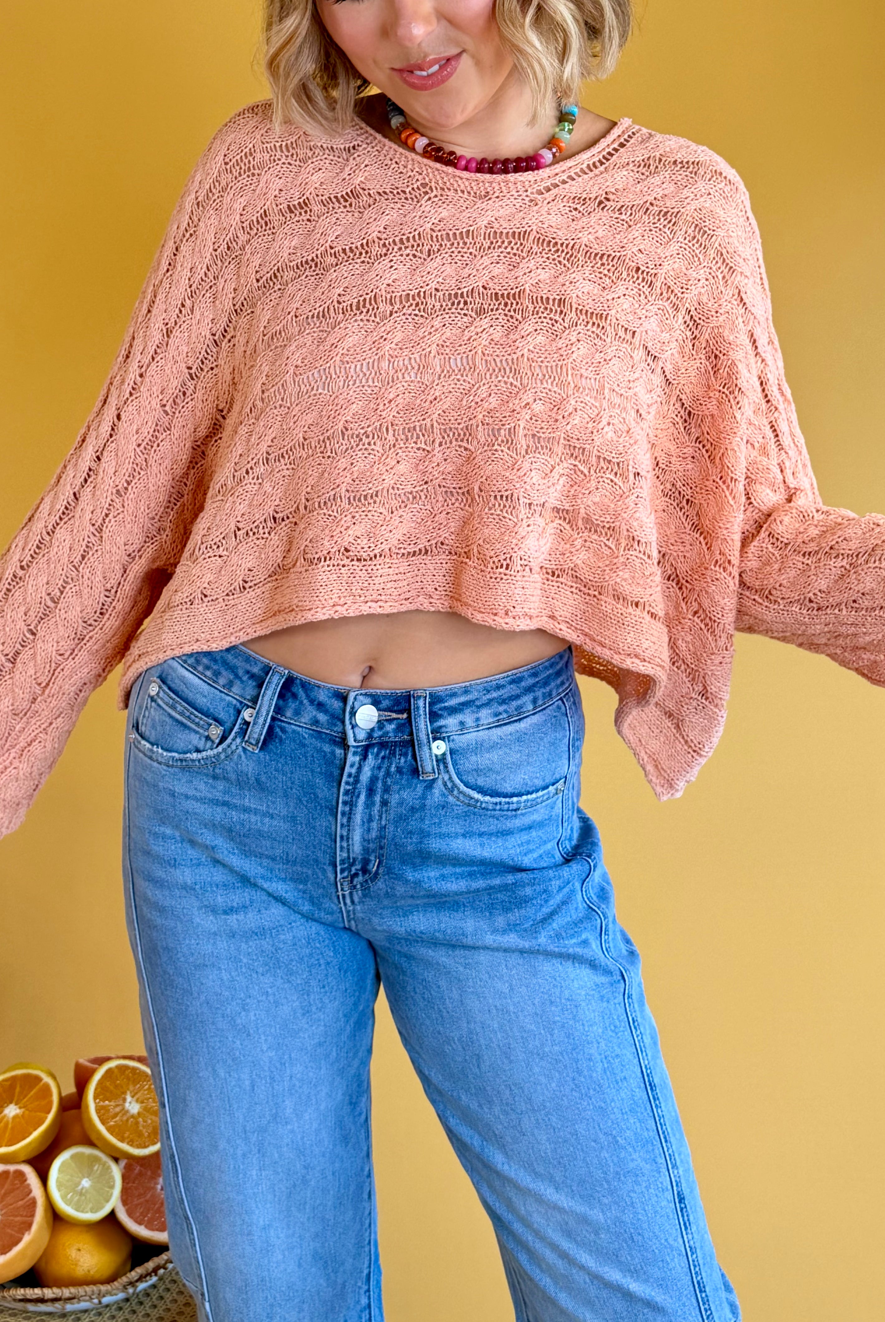 cable knit sweater, cropped sweater, long sleeves, round neckline, beachy, cute, boho, summer top, summer, vacation, vacay outfit
