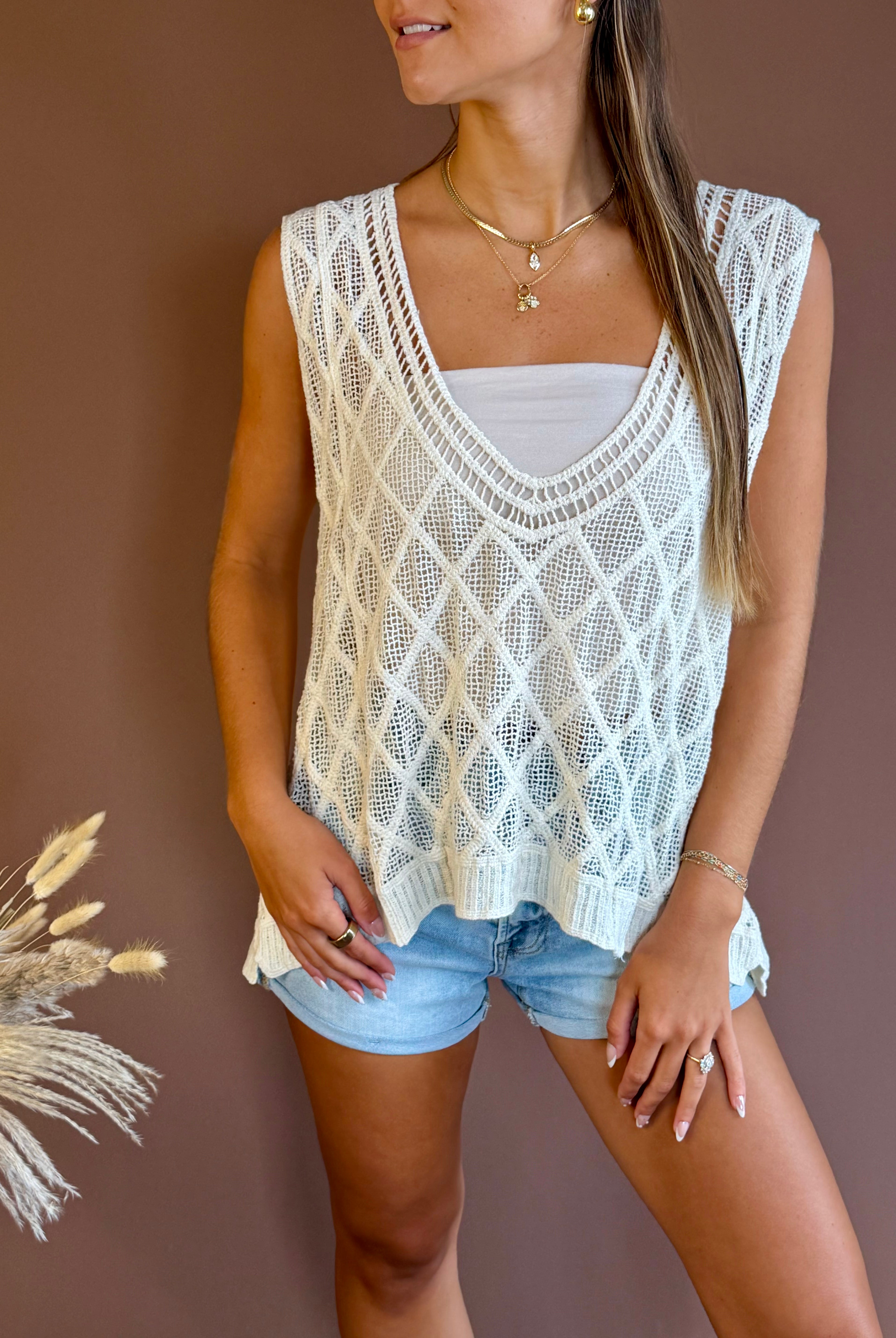 Crochet tank, v neck tank, cover up, POL tank, layering tank, cream tank, white tank