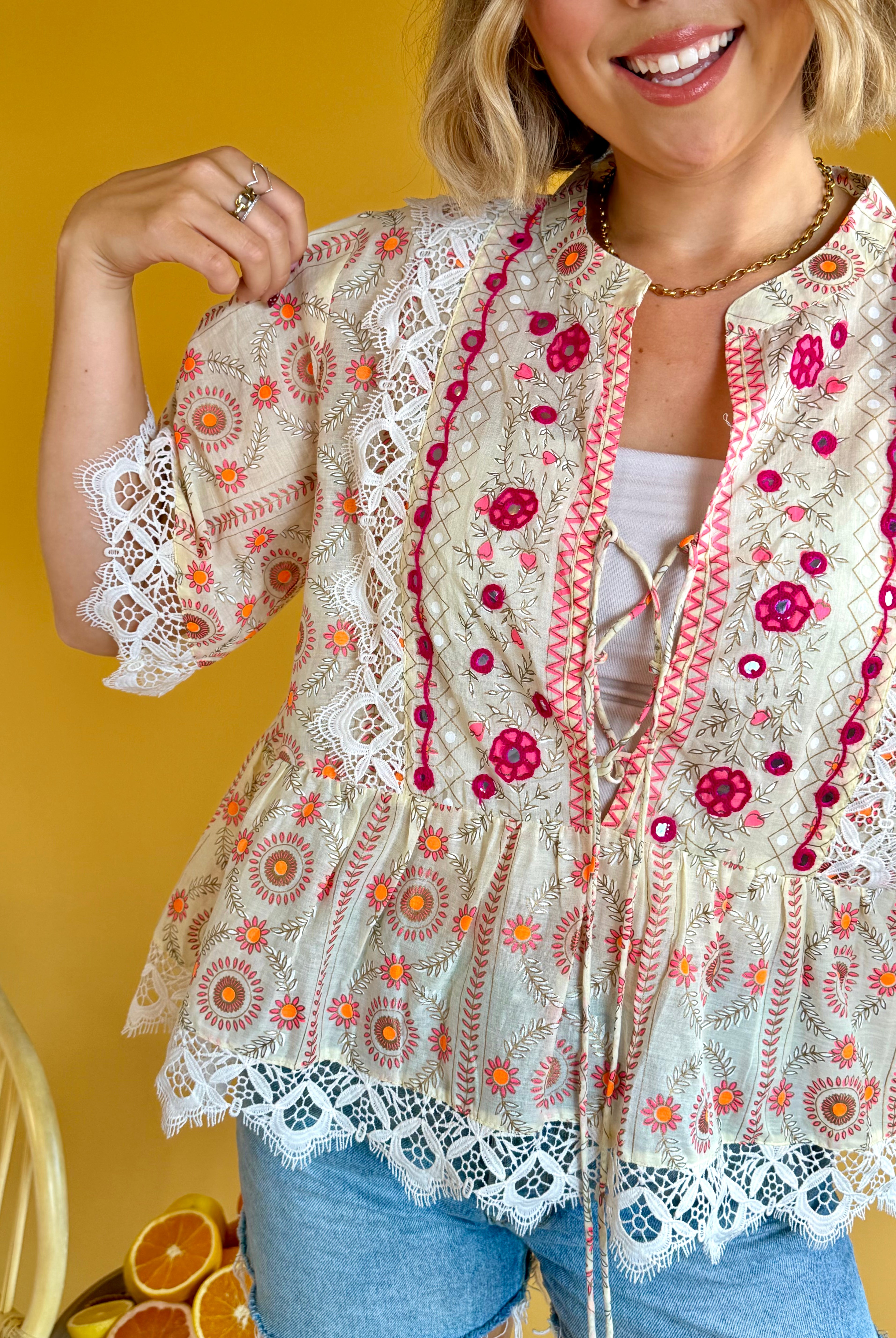POL Clothing, lace detail, bow tie closure, flowy, summer tops, summer, vacation, vacay outfit, boho, floral, pinks and creams