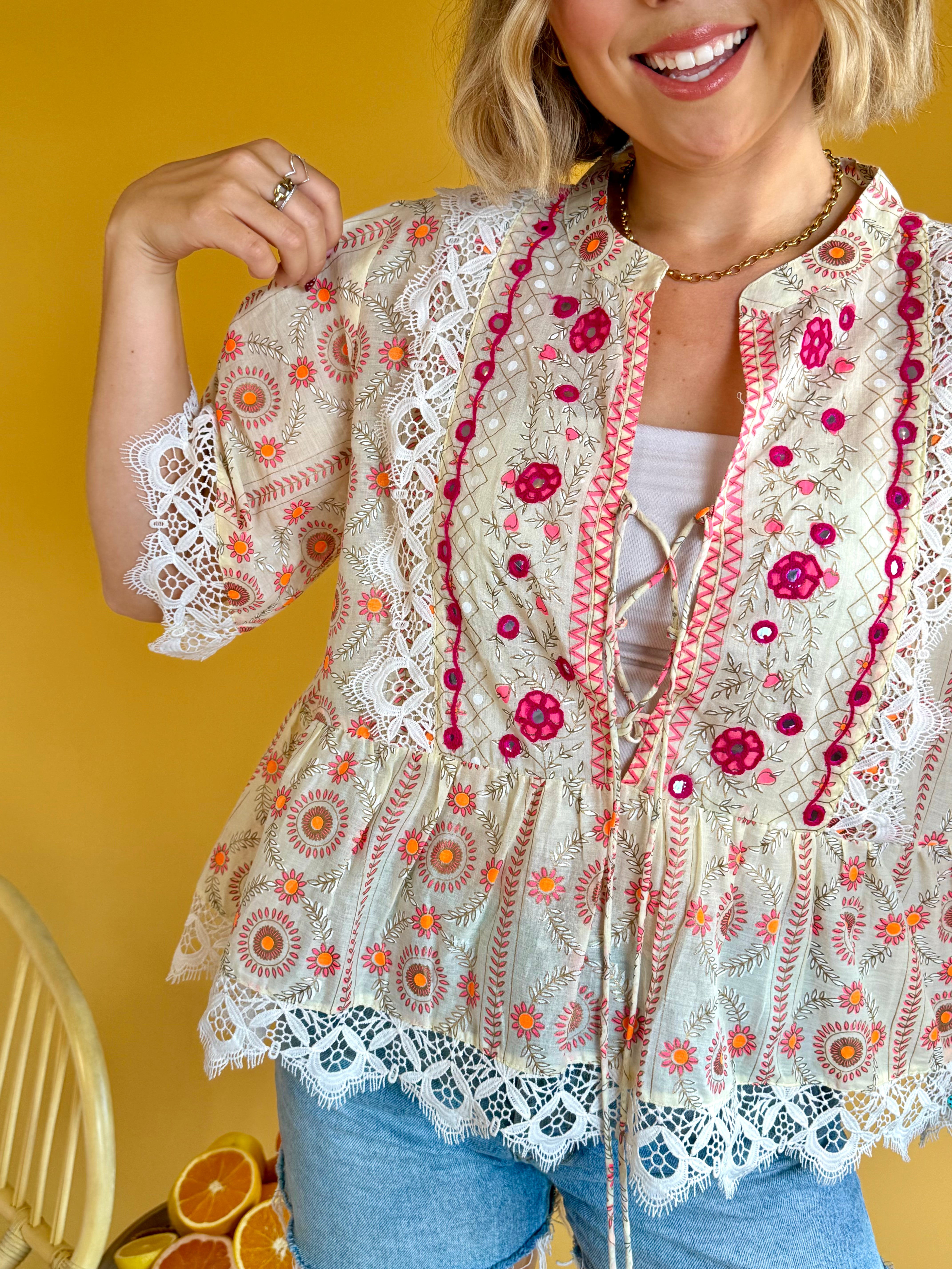 POL Clothing, lace detail, bow tie closure, flowy, summer tops, summer, vacation, vacay outfit, boho, floral, pinks and creams
