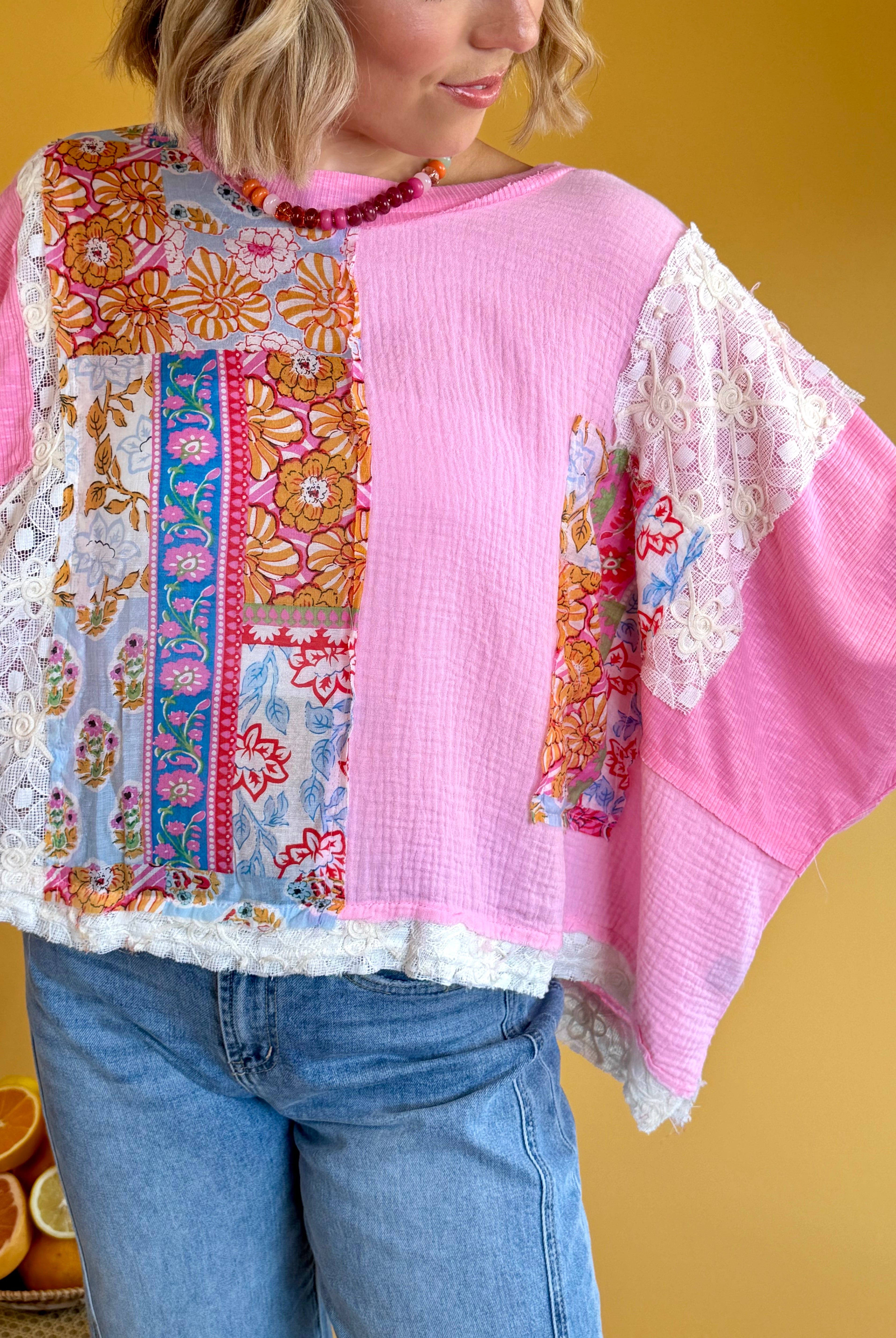 pink top, POL Clothing, summer top, summer, fun pattern, floral, fun, flowy, lace details, vacation, vacay outfit, boho