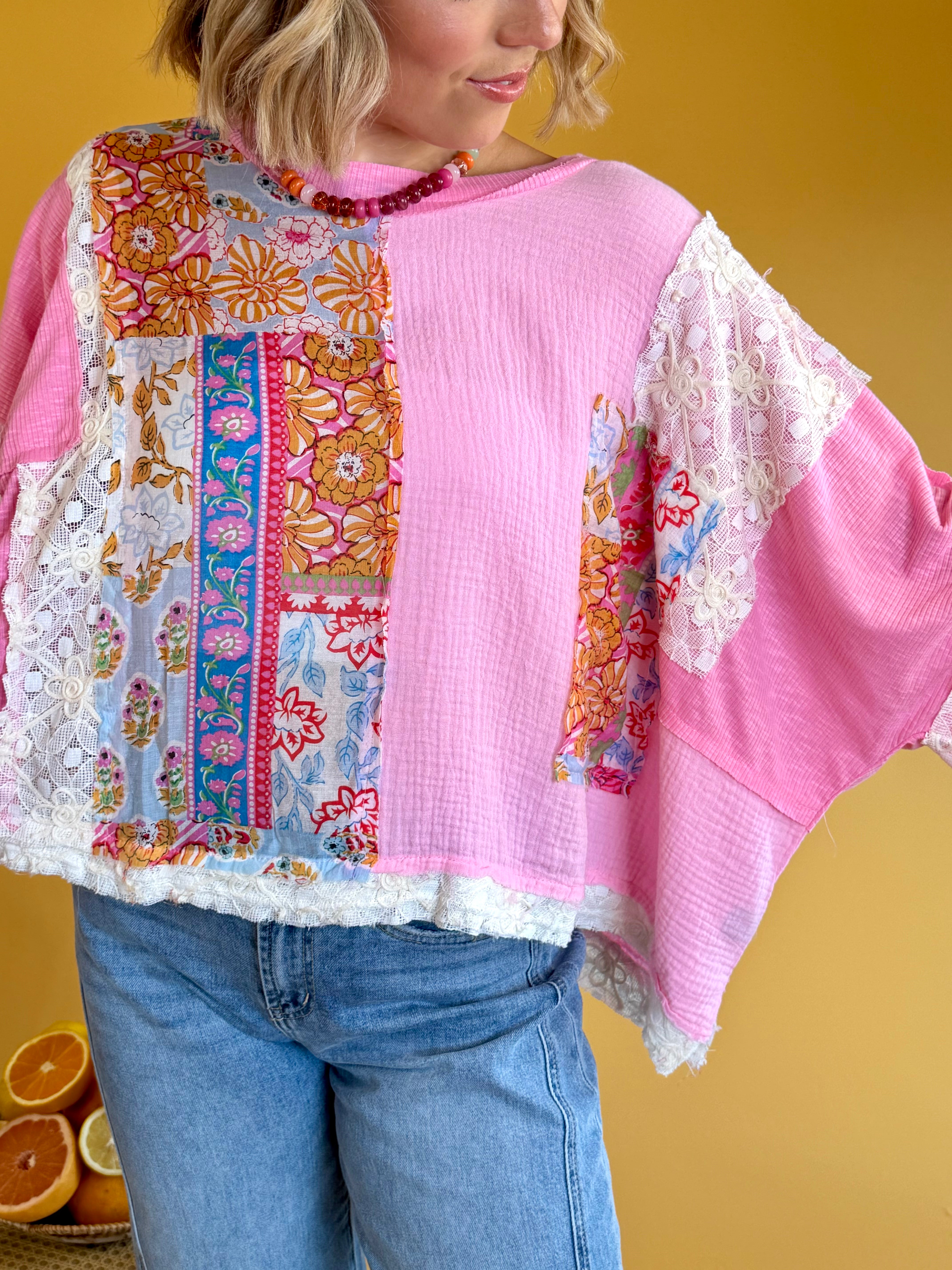 pink top, POL Clothing, summer top, summer, fun pattern, floral, fun, flowy, lace details, vacation, vacay outfit, boho