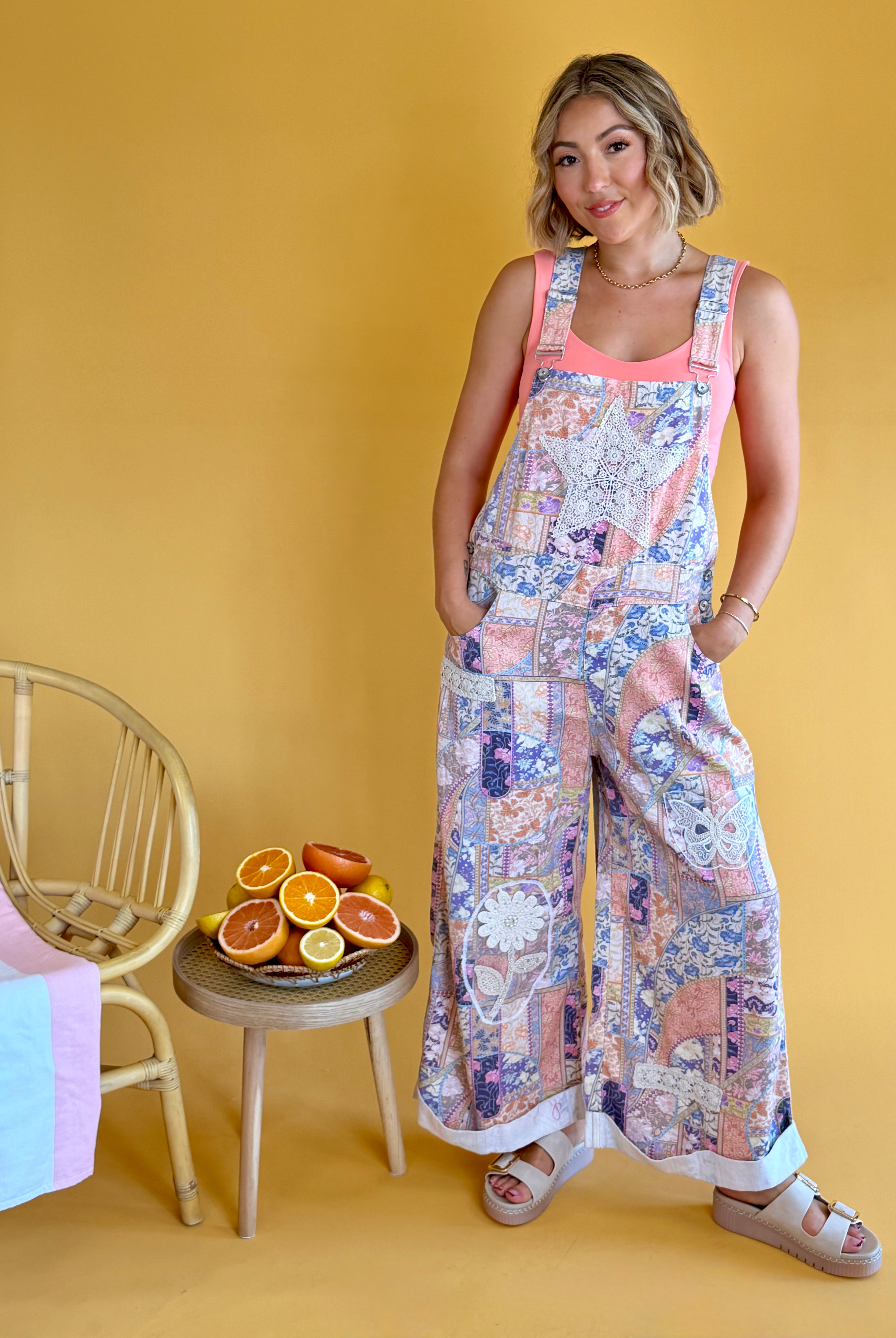 POL Clothing, overalls, boho, patchwork, cute, fun, crochet details, lace details, summer, summer overalls, vacation, vacay outfit