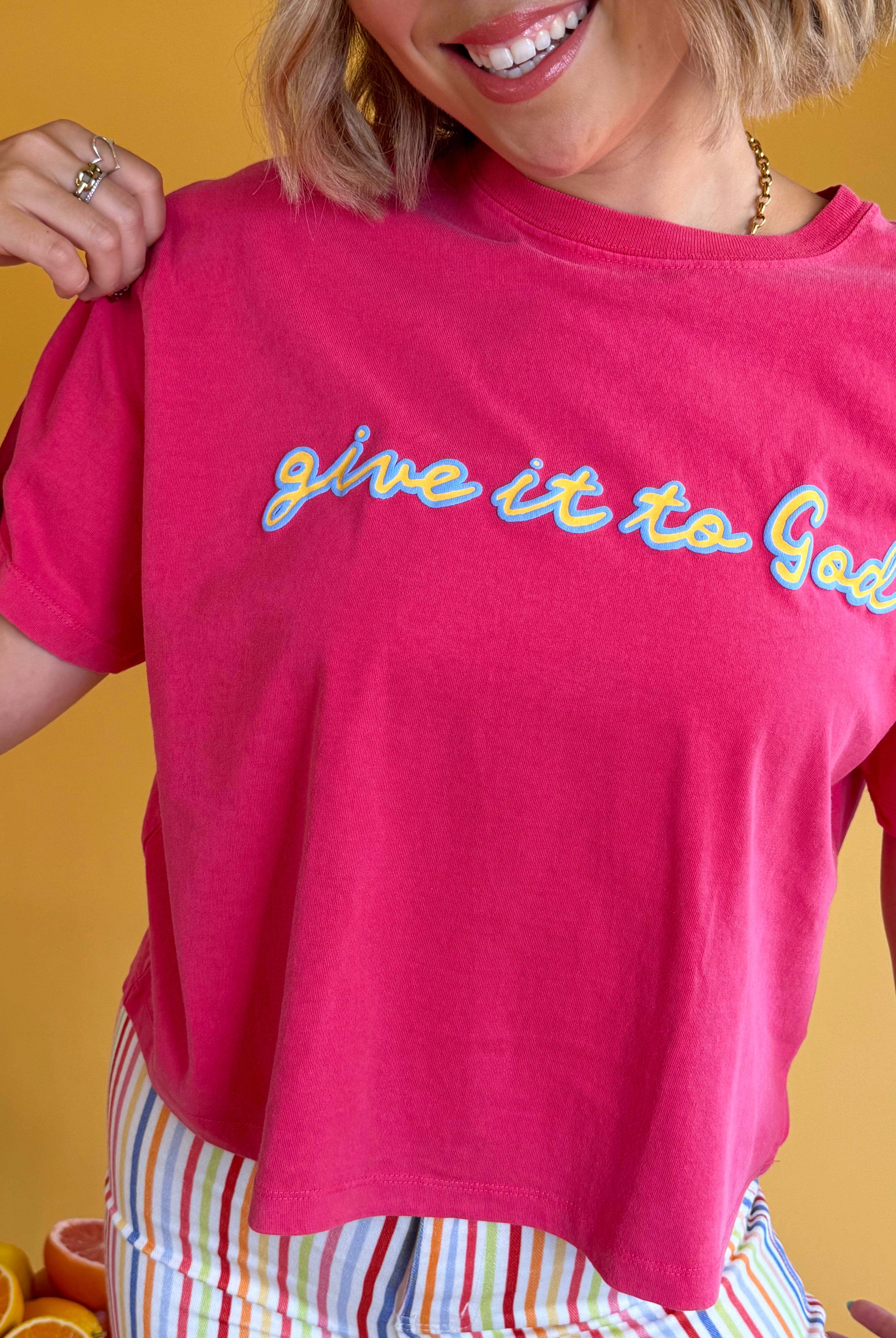 Poppy & Pine, Give It To God, graphic tee, round neckline, hot pink, summer, christian shirt, summer top, vacay, vacation