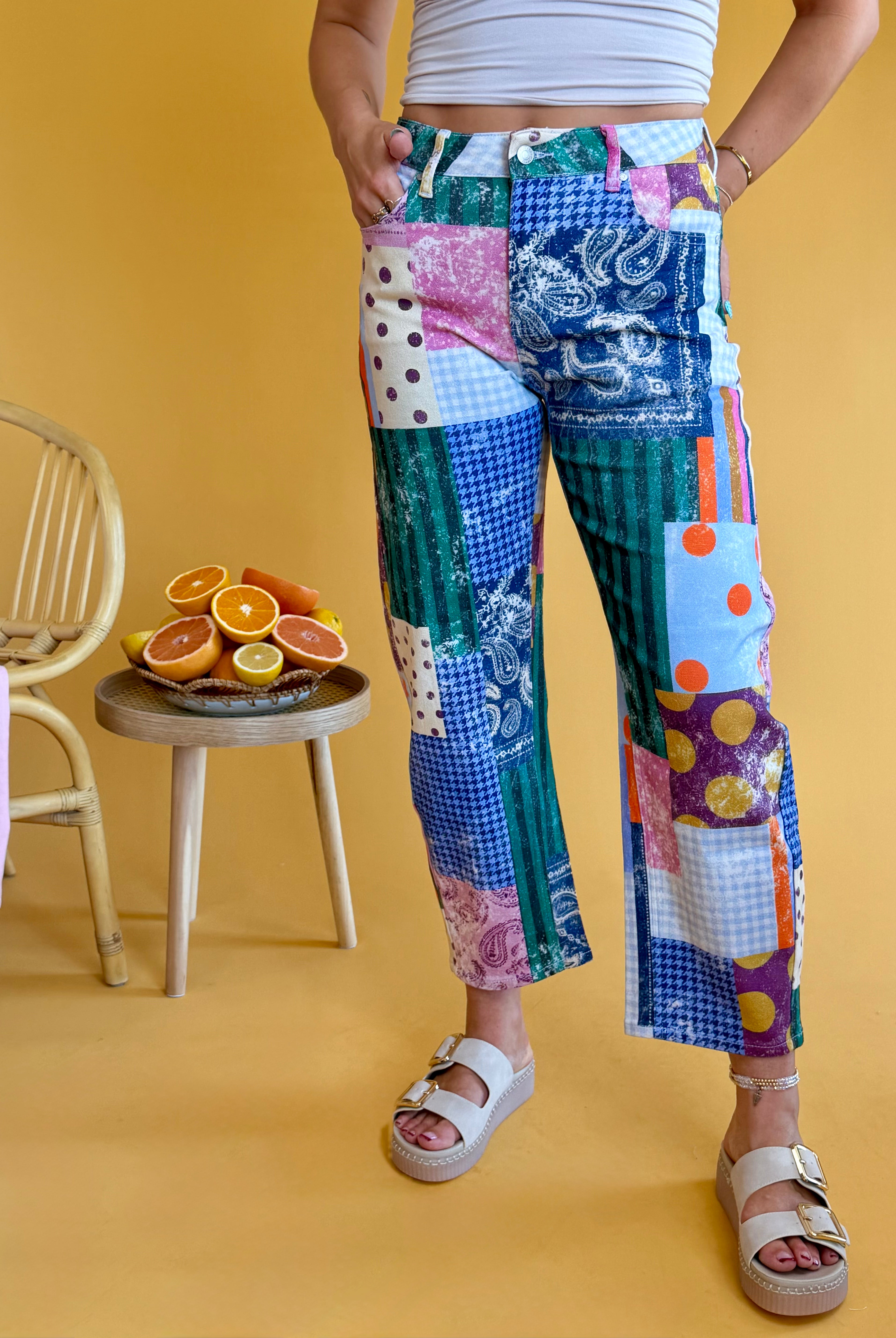 Poppy & Pine, patchwork pants, funky pants, fun pants, cute, barrel pant, stretch pant, summer pant, summer, vacation, vacay, boho