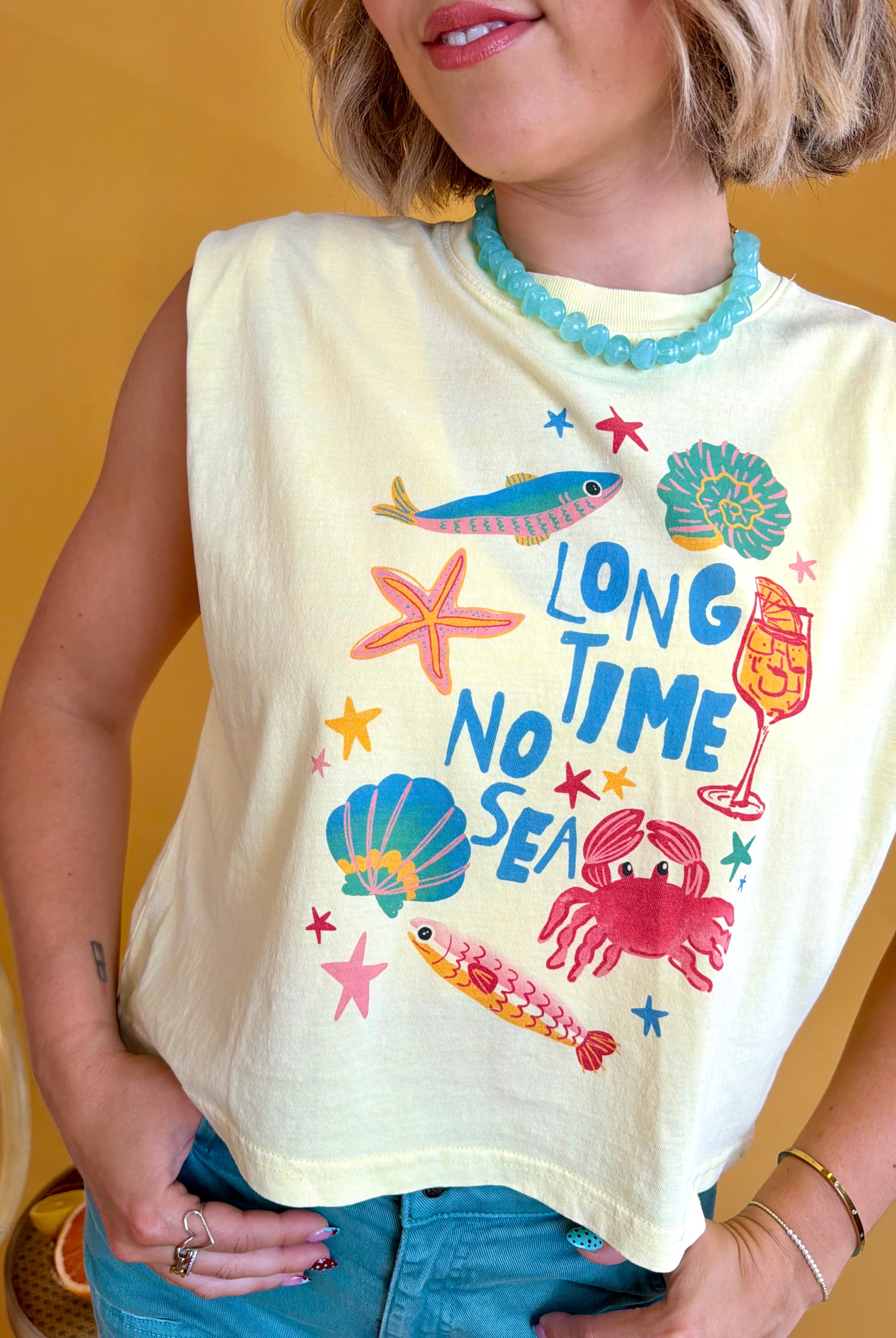tank top, tee, muscle tank, long time no sea, Poppy & Pine, yellow top. summer top, summer, vacation, vacay outfit, cute, fun, nautical, coastal