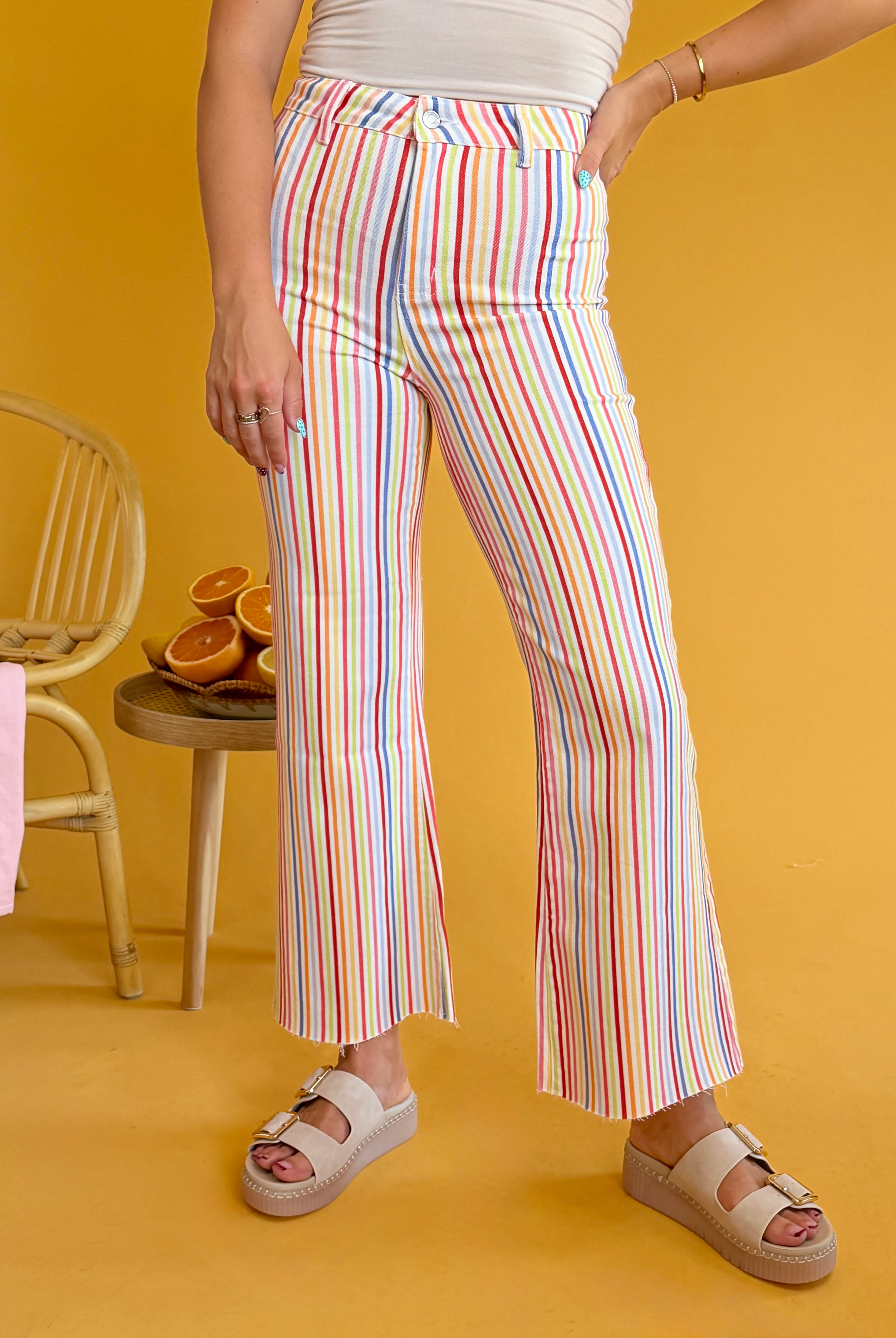 Poppy & Pine, pants, striped pants, rainbow, multi color, raw hem, high rise, sipper fly, button closure, stretchy pants, summer pant, summer, vacation, vacay outfit, cute