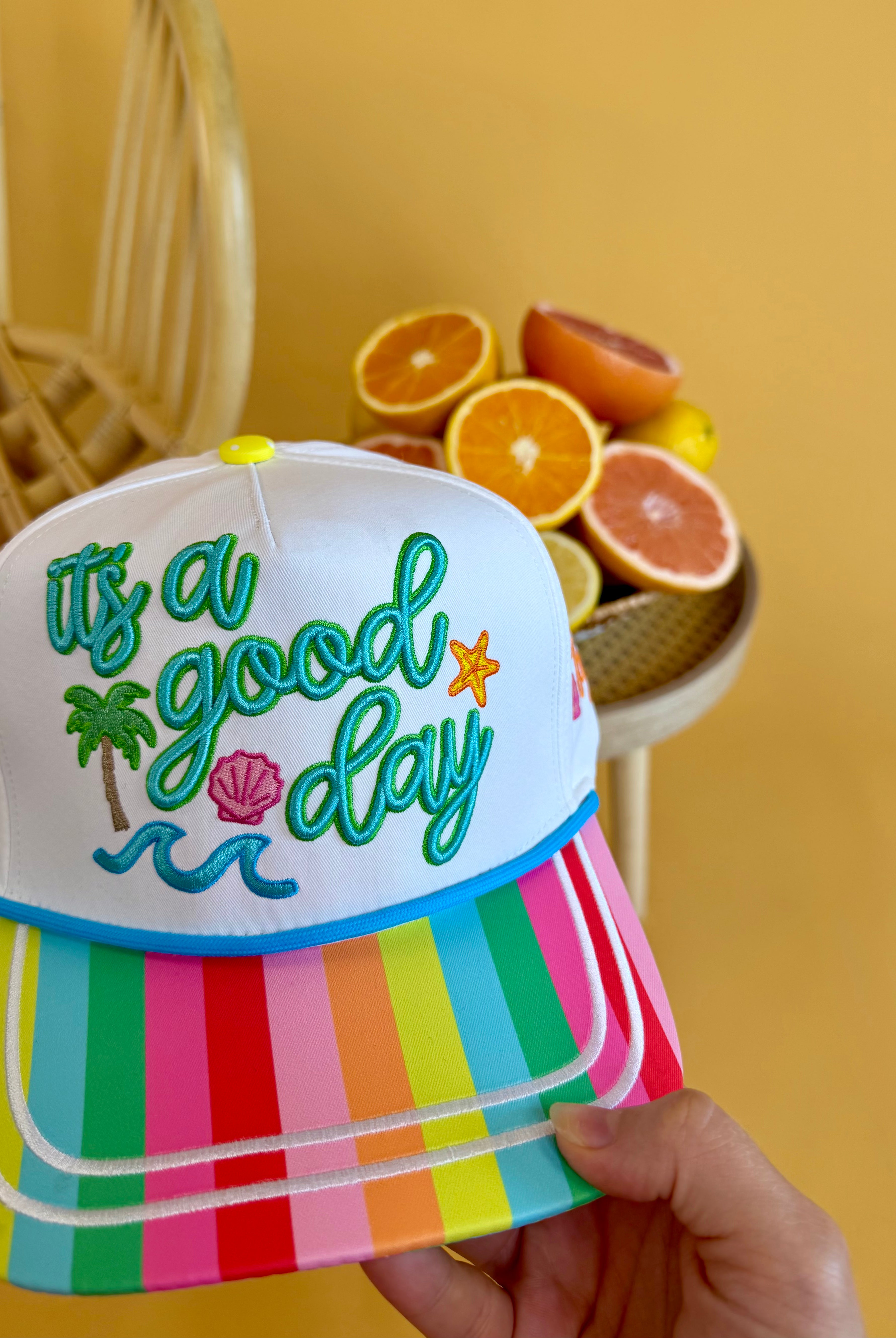 Poppy & Pine, trucker hat, snapback, rainbow how, seas the day, cute, embroidered hat, summer hat, summer, vacation, vacay, tropical , coastal, colorful, fun