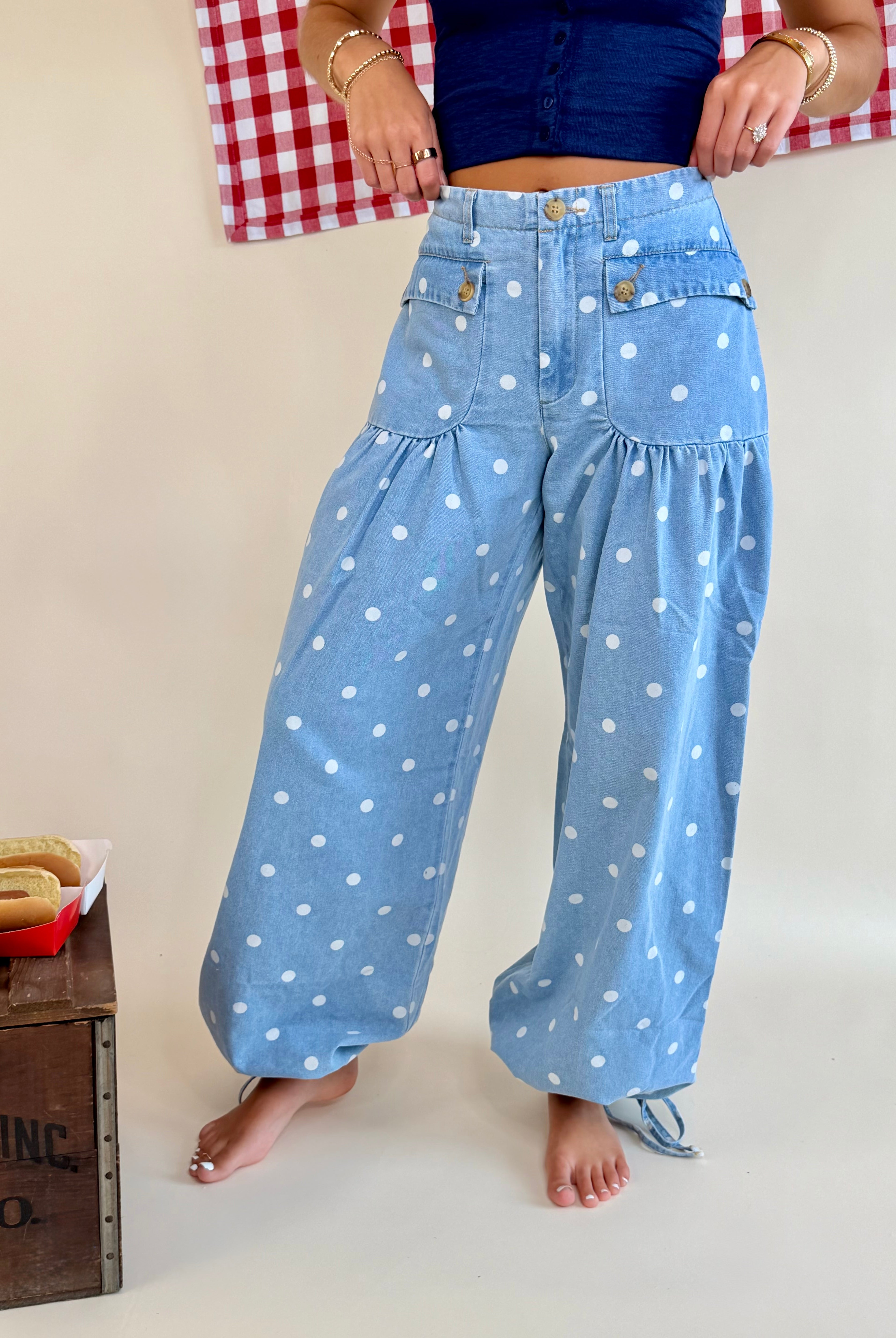 Polka Dot Print, Pleated Pockets, Tie Hem, Girly, Fun Jeans, Wide Leg, High Waisted