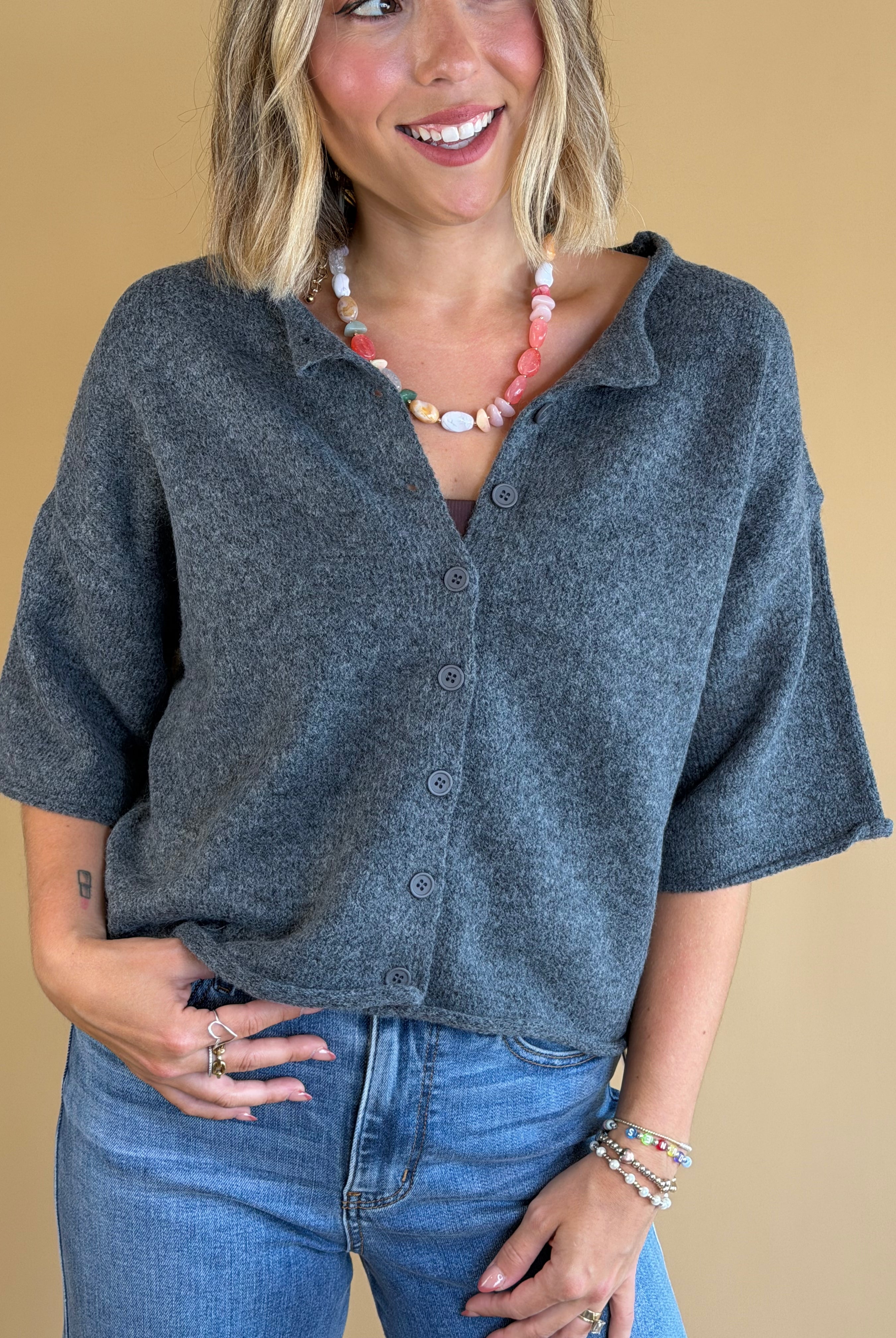 Quarter sleeve cardigan, buttoned sweaters, dark grey sweater, rolled hem, fall fashion, back to school, work attire