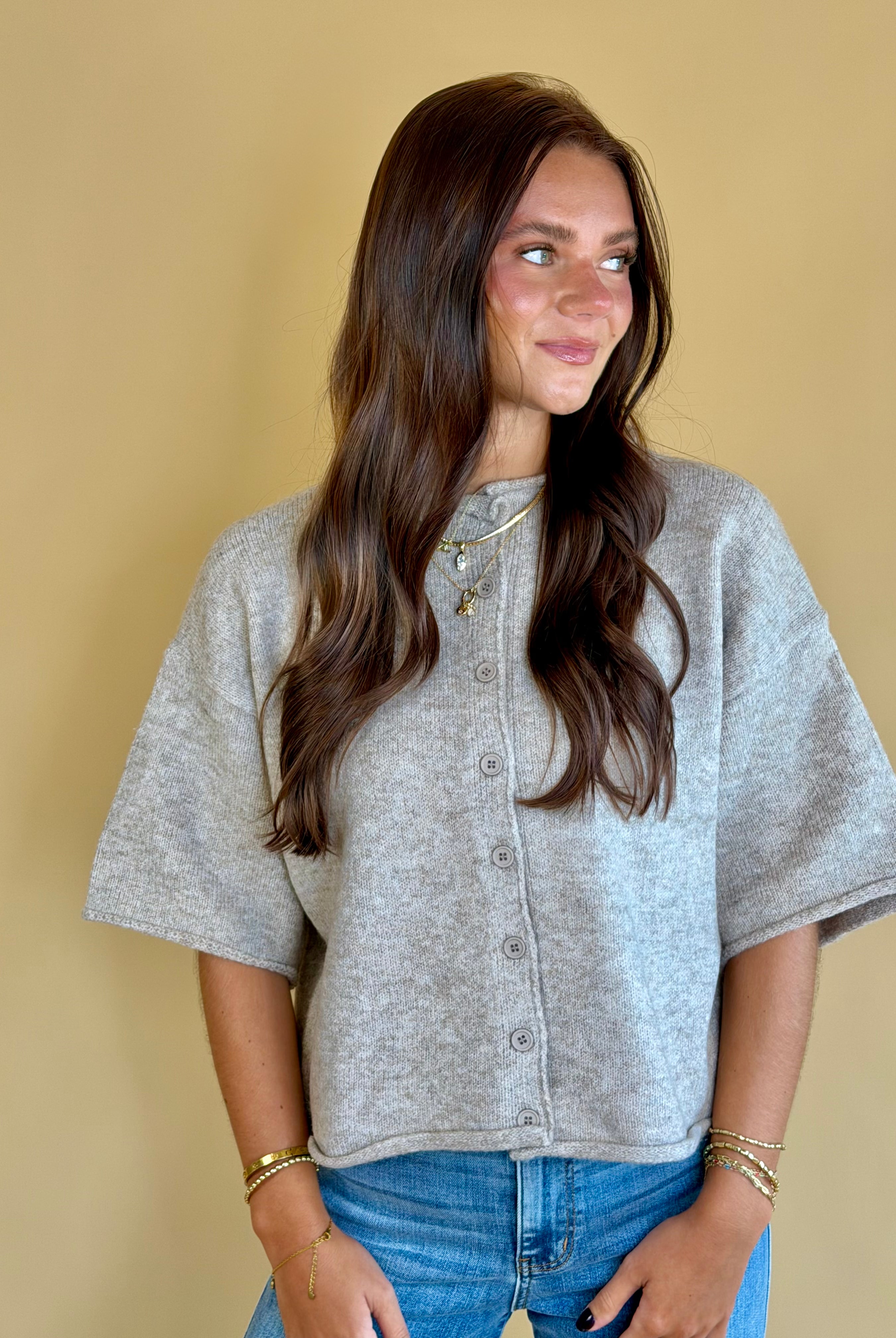 Short sleeve sweater, buttoned cardigan, everyday wear, fall fashion, brown sweaters, neutral sweaters, back to school