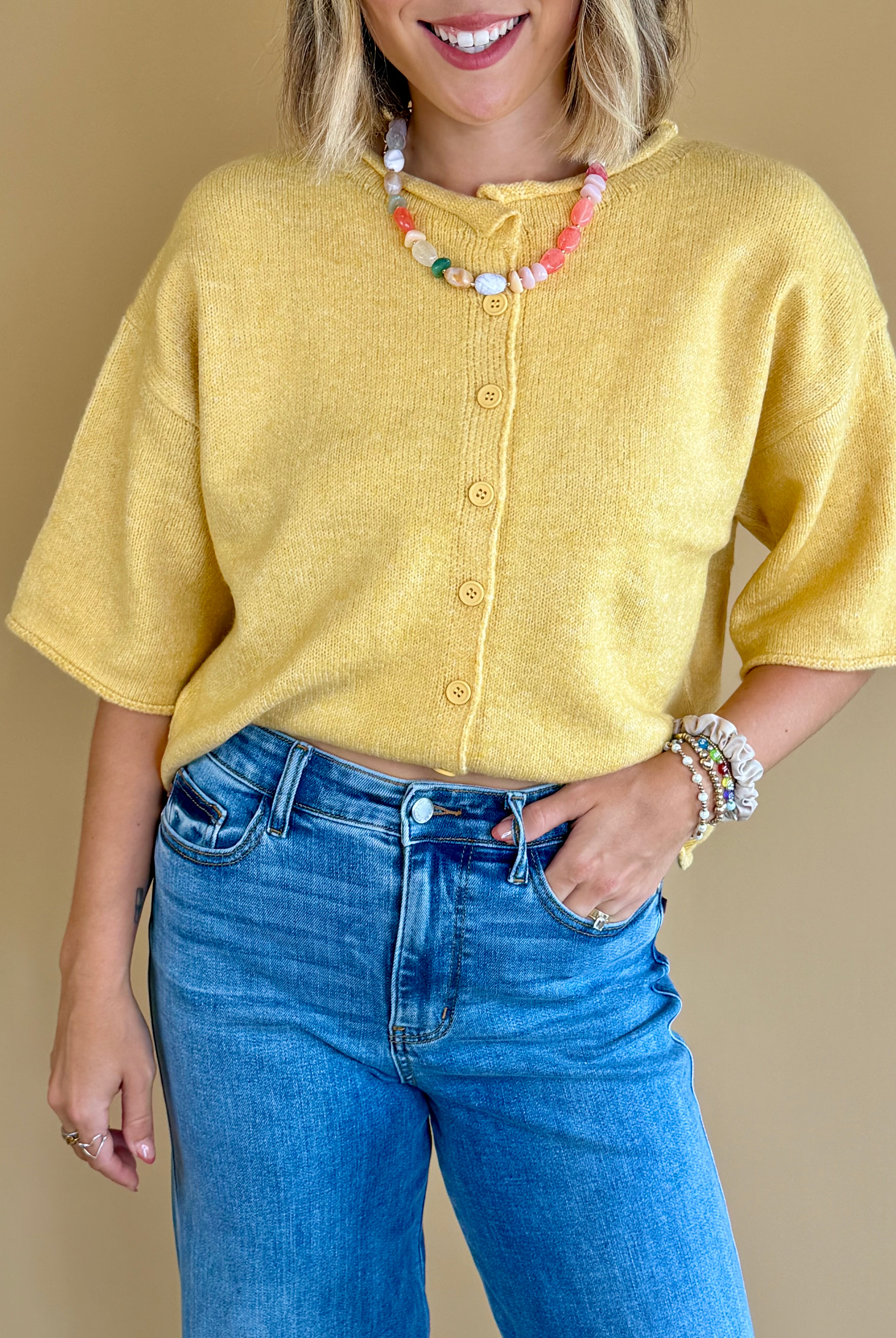 Yellow top, buttoned cardigan, short sleeve cardigan, fall fashion, everyday pieces, mustard yellow, casual wear, short sleeve sweater