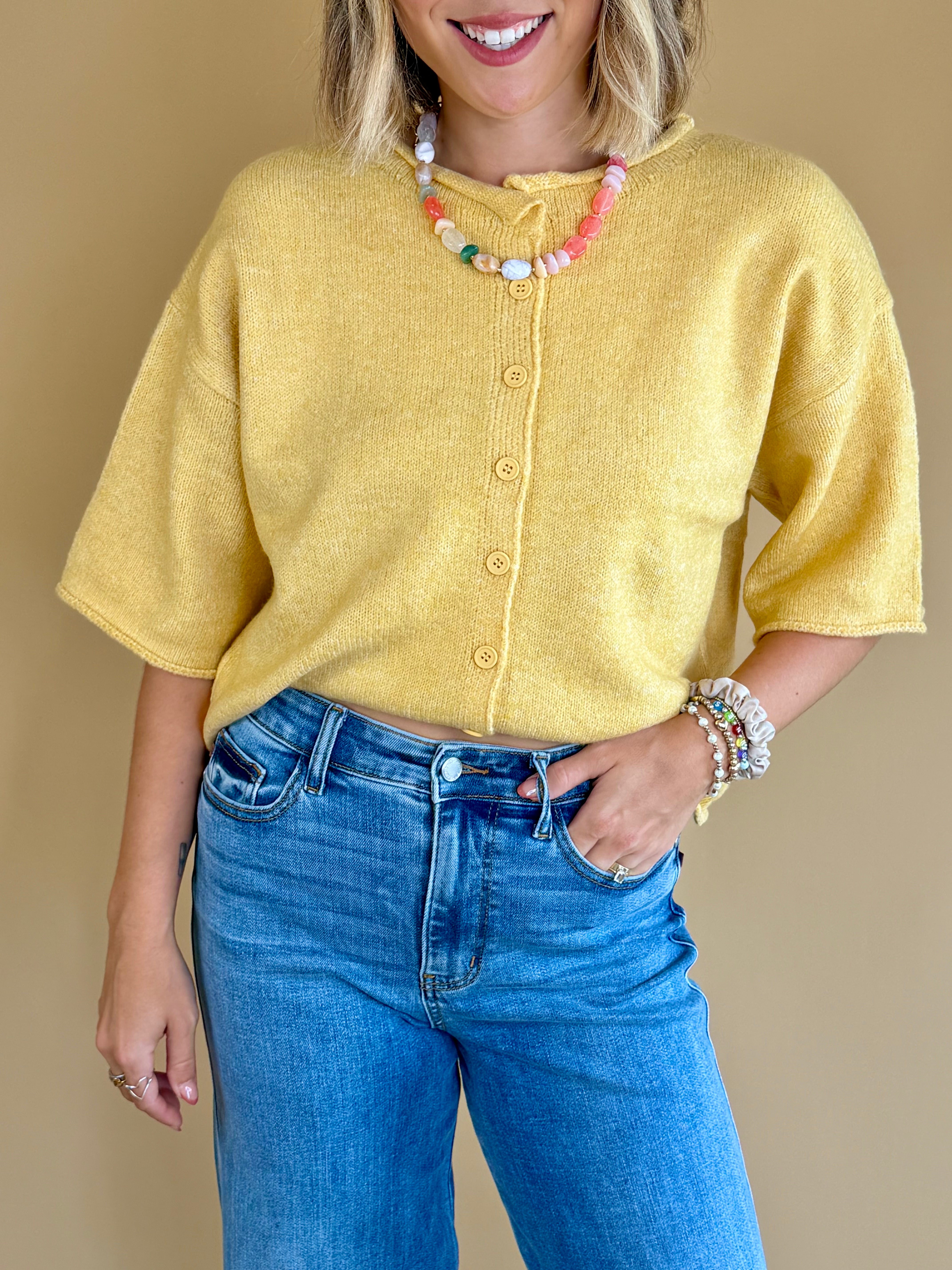 Yellow top, buttoned cardigan, short sleeve cardigan, fall fashion, everyday pieces, mustard yellow, casual wear, short sleeve sweater