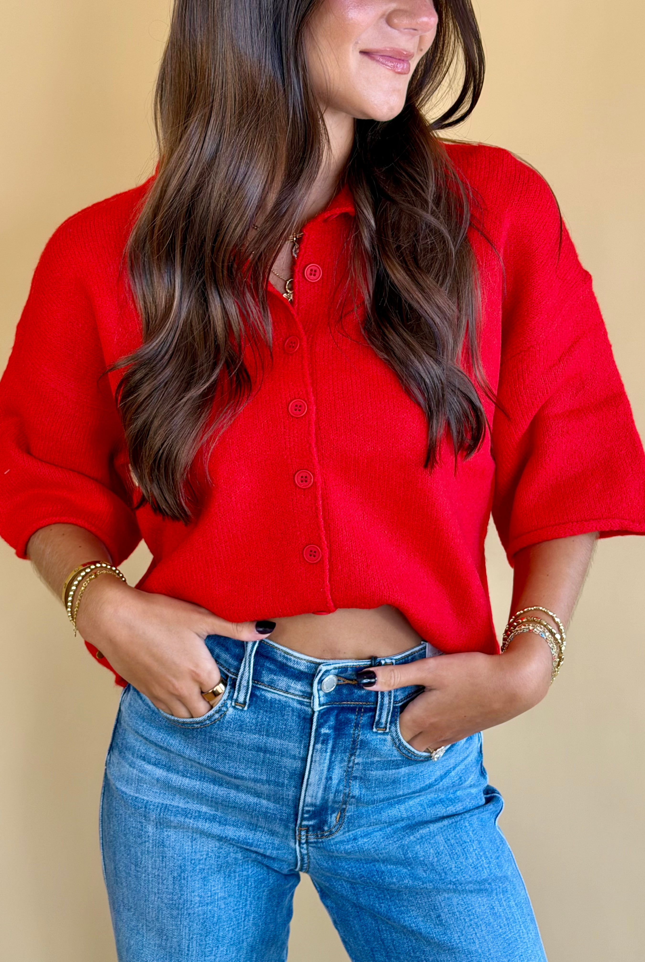 Red sweater, quarter sleeve sweater, short sleeve sweater, buttoned cardigans, fall fashion, back to school, everyday wear, elevated basics