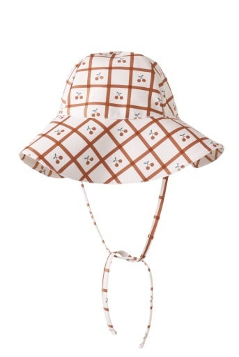 Plaid patterned sun hat with a tie, cherry plaid, cherries and cream, sun hat, sunny essential, tie on hat