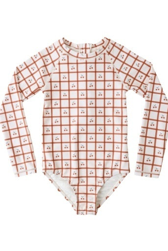 Children's swimsuit with long-sleeve checkered pattern, cherry gingham, cream and red, cherry pie cutie, long-sleeve bathing suit, baby swim, cherries and plaid