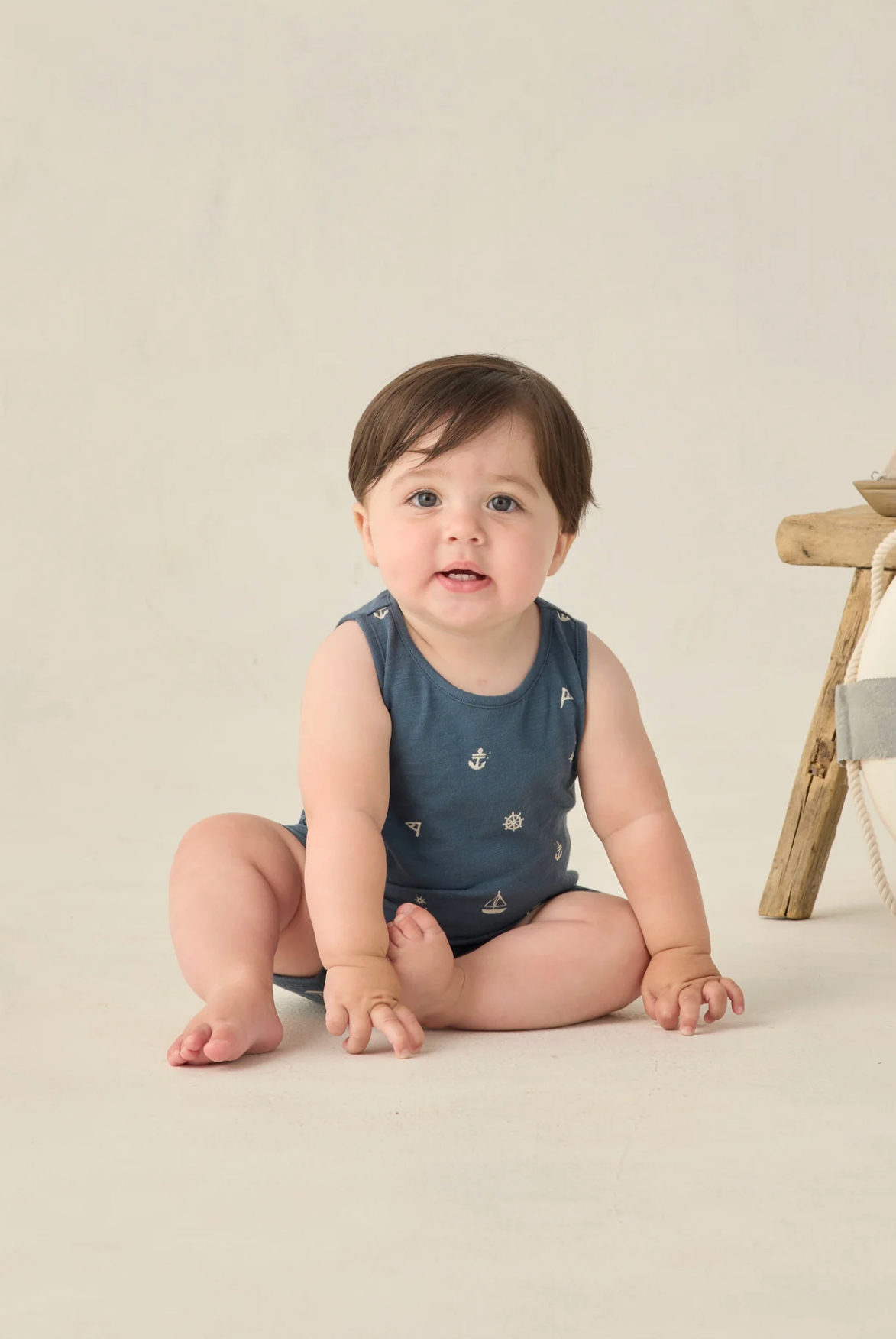 blue sleeveless onesie, baby boy, romper, nautical patterns, Marine Pattern, RYLEE + CRU, one piece