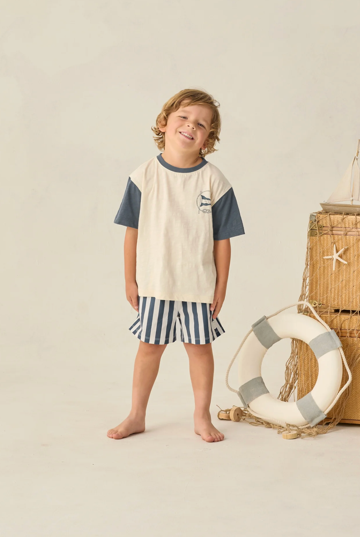 blue and white striped swim trunks, RYLEE + CRU, Navy Stripe Pattern, Match with siblings & mommy & Daddy, boardshorts